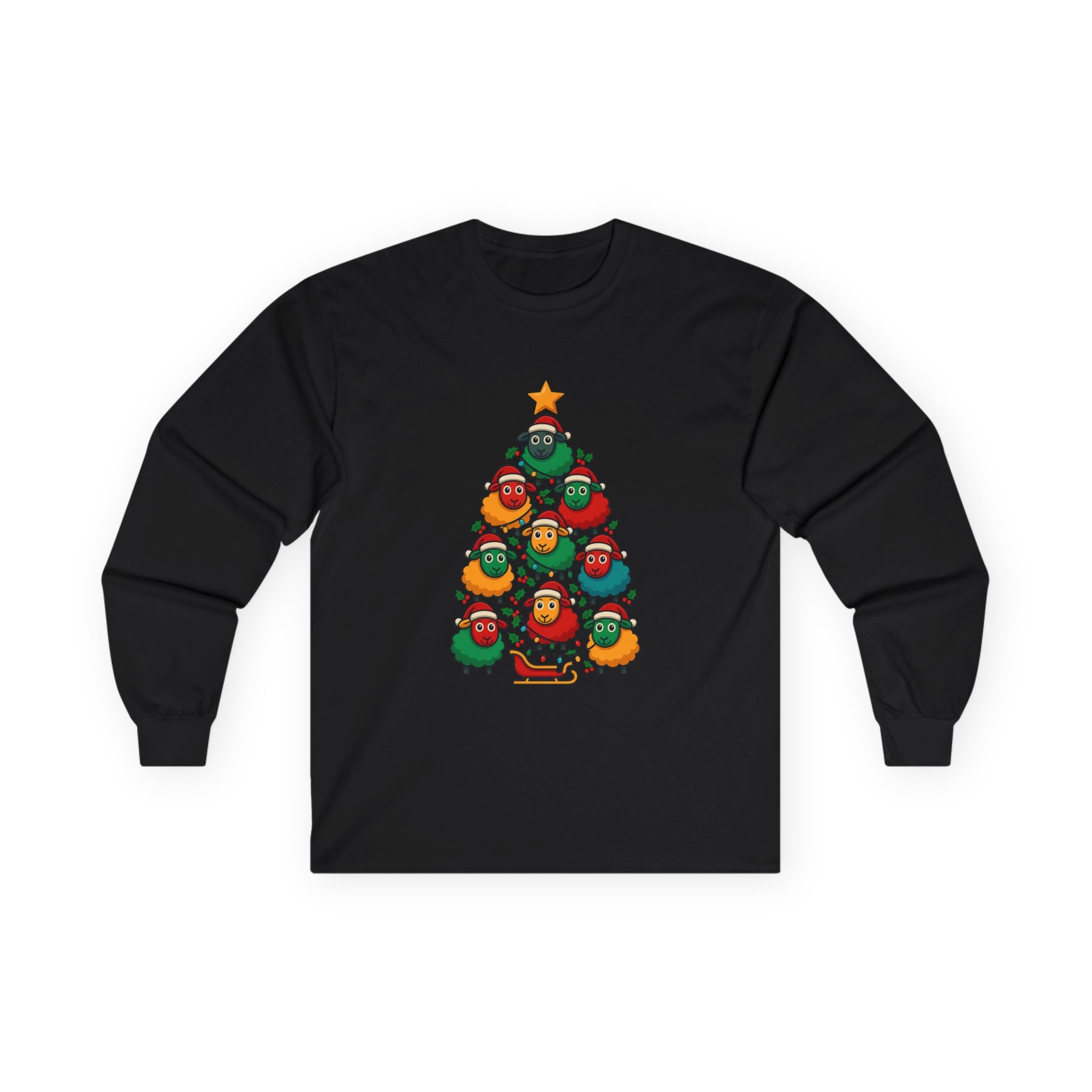 Long Sleeve Tee — Christmas Sheep Tree Graphic Holiday Shirt