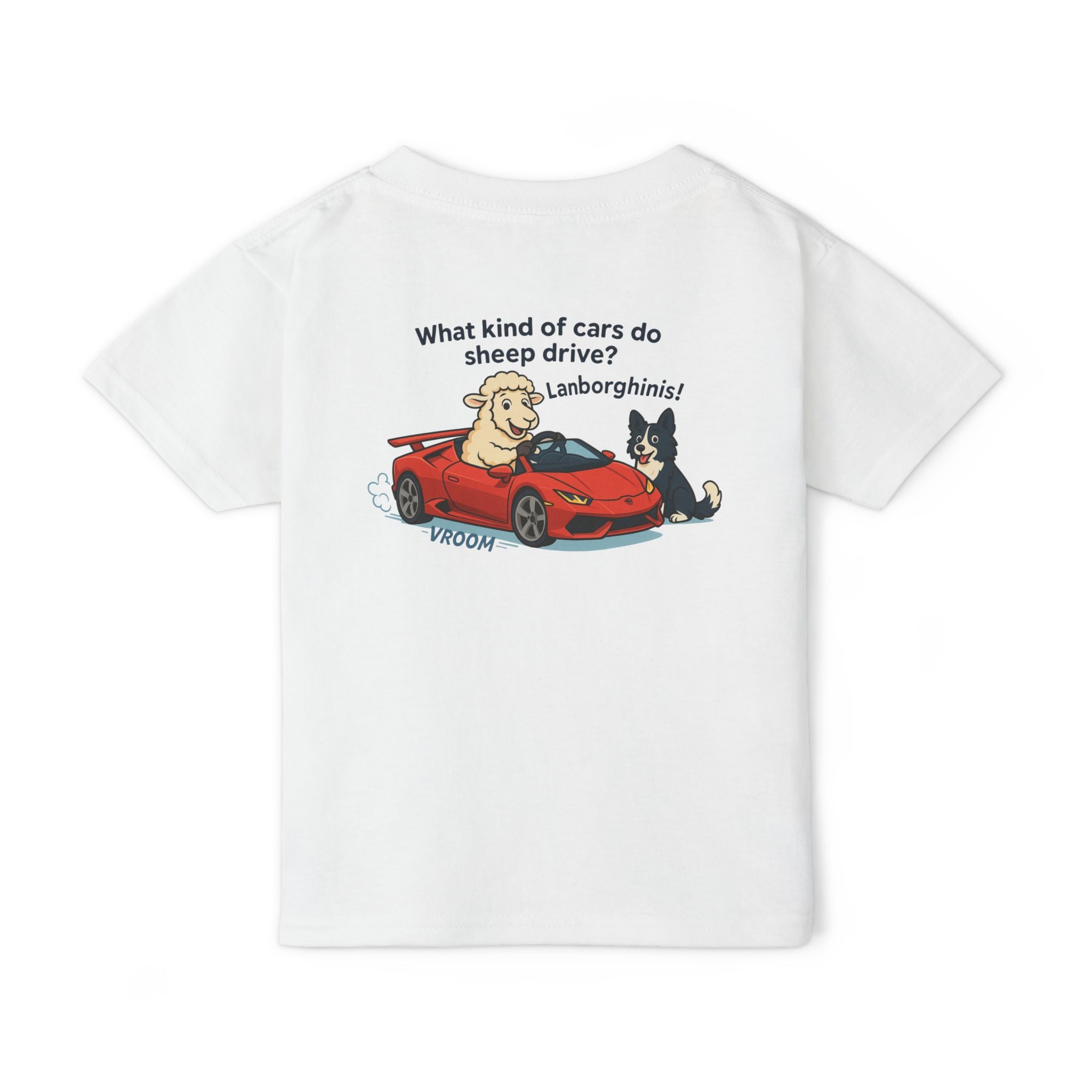 Toddler T-Shirt — Cute Sheep & Dog Cartoon with 'What kind of cars do sheep drive? Lamborghinis!' Back Print