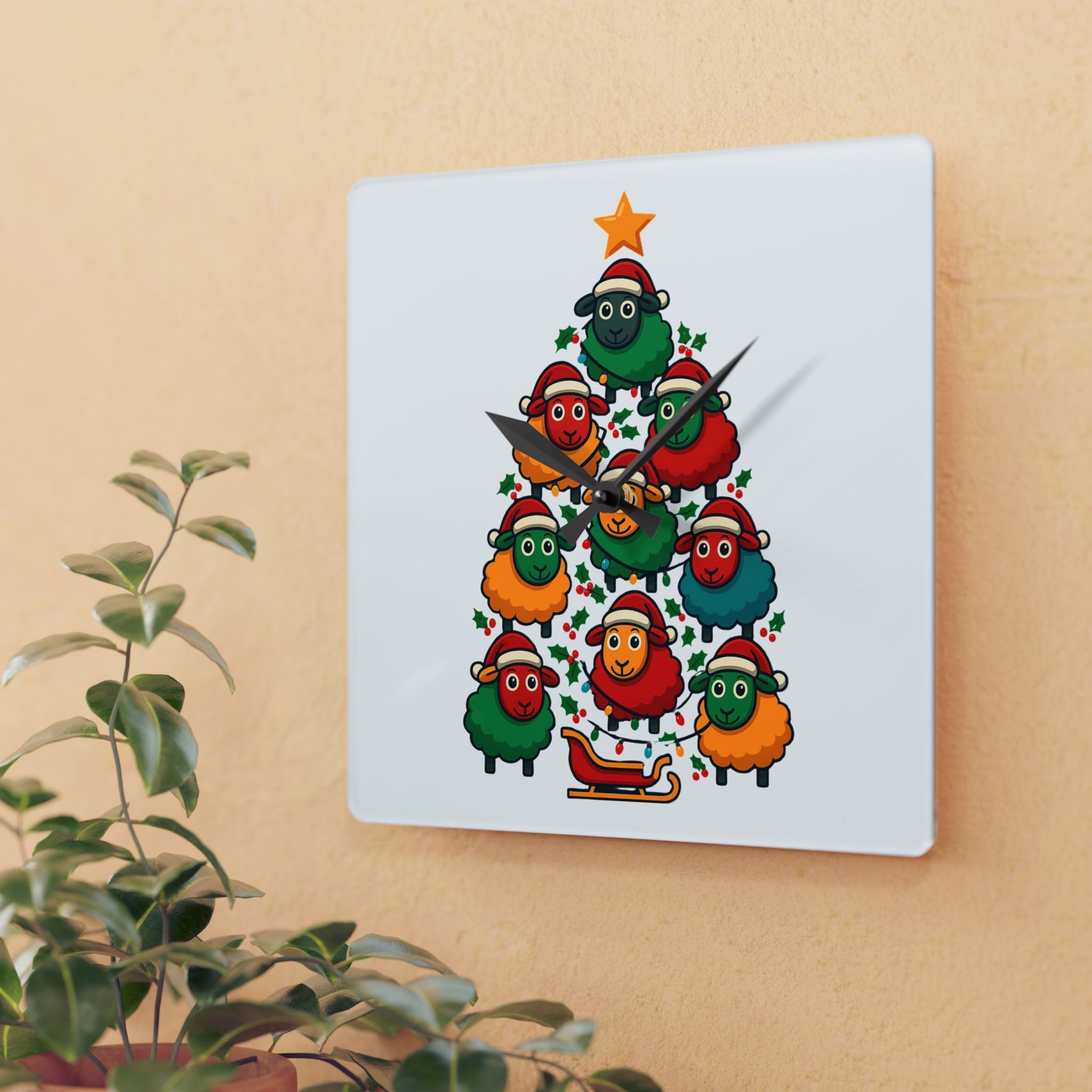 Christmas Sheep Tree Acrylic Wall Clock — Cute Holiday Farm Animal Decor
