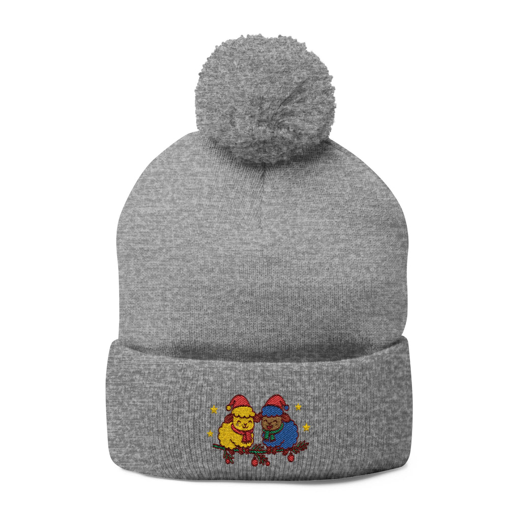Embroidered Winter Pom-Pom Beanie — Cute Chick Couple Design