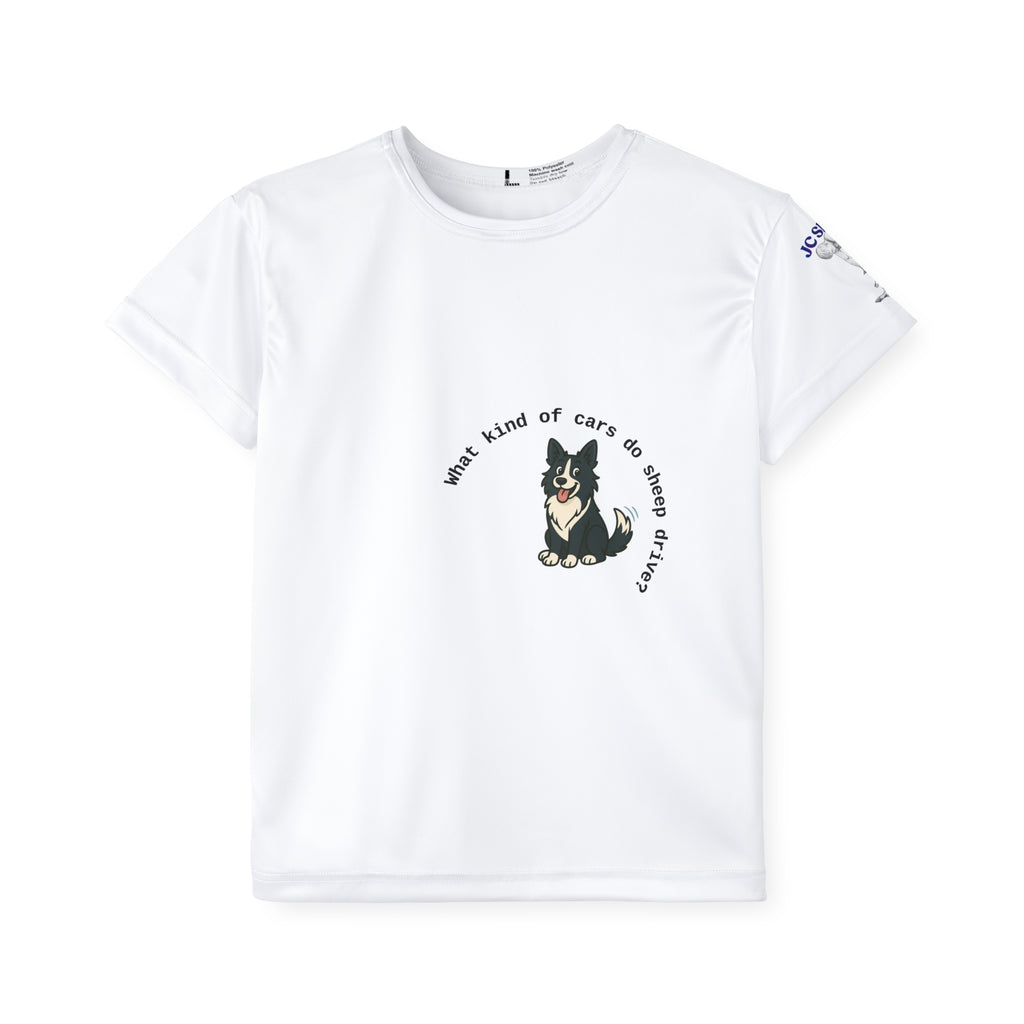 Kids Jersey — "What kind of cars do sheep drive? Lamborghinis!" Cute Sheep & Dog Sports Tee