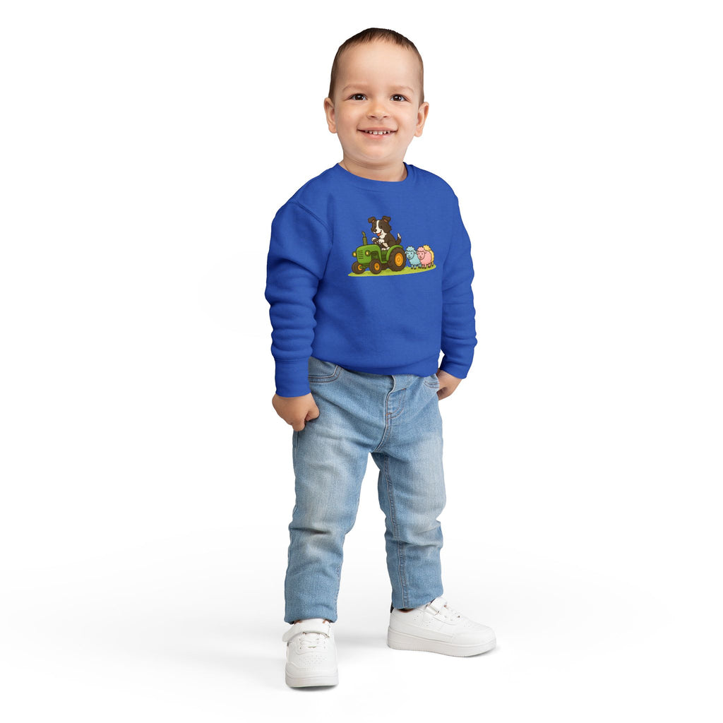 Toddler Sweatshirt — Cute Farm Tractor Crewneck with Puppy & Sheep Graphic