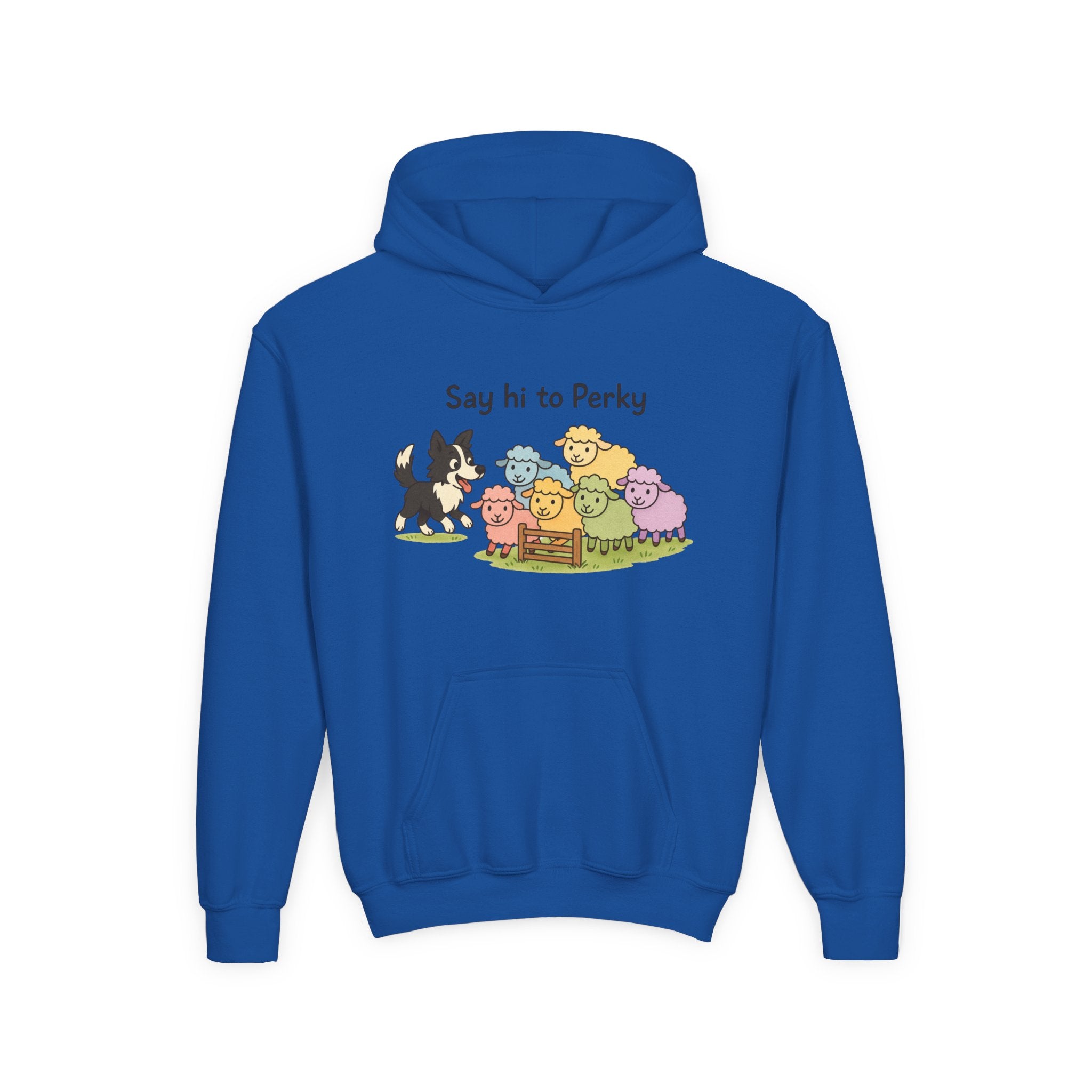 Youth Hoodie — "Say Hi to Perky" Cute Cartoon Sheep & Dog Kids Hooded Sweatshirt
