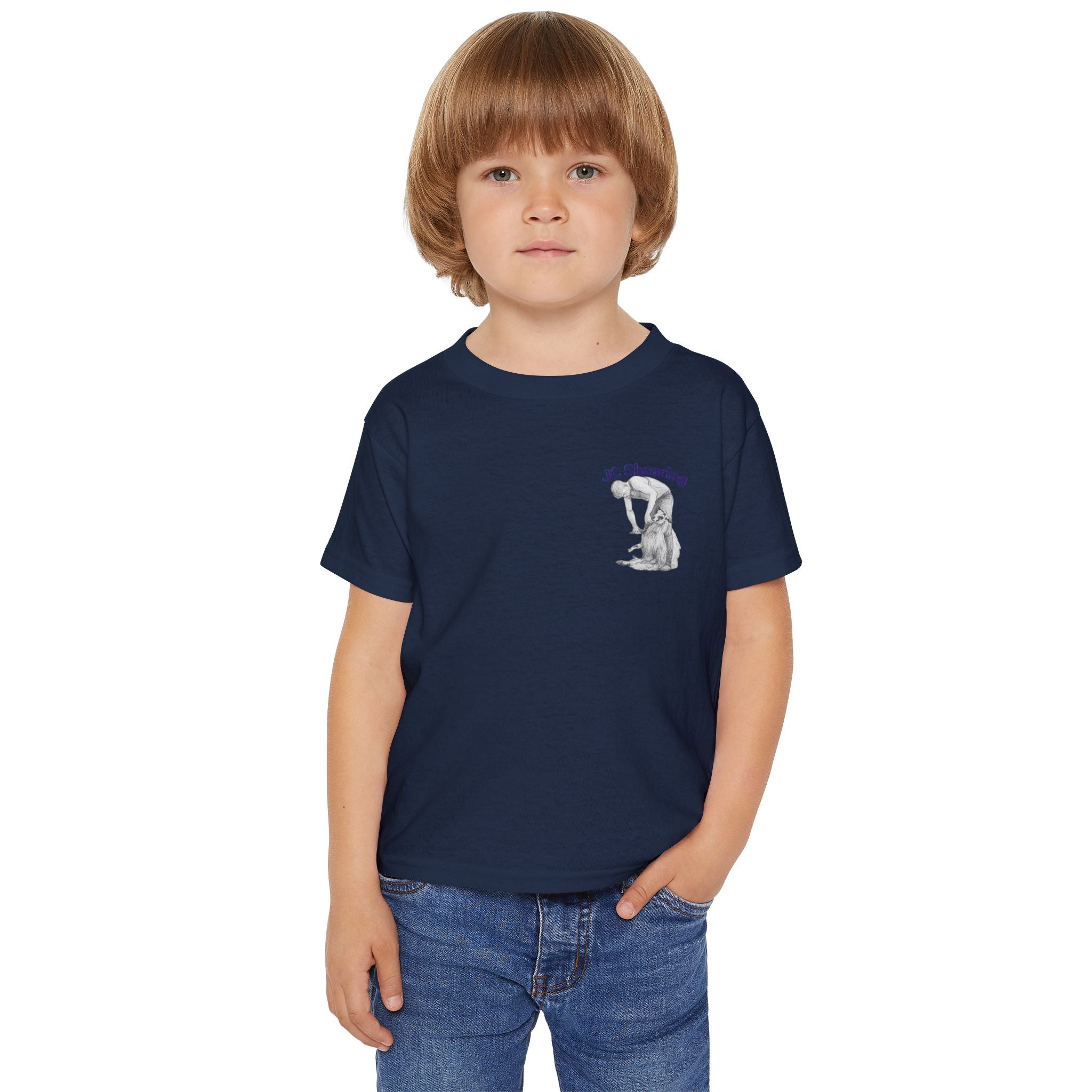 Toddler T-Shirt — Cute Sheep & Dog Cartoon with 'What kind of cars do sheep drive? Lamborghinis!' Back Print