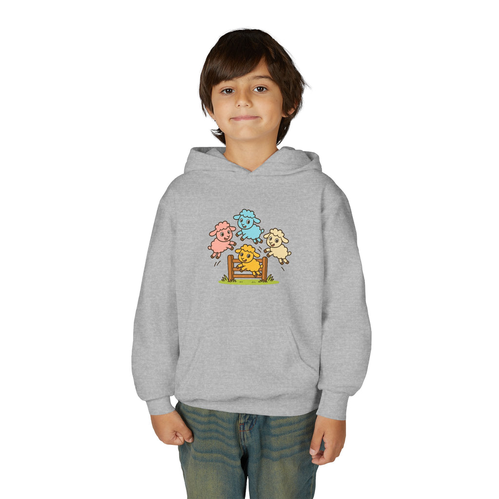 Kids Sheep Hoodie — Colorful Jumping Lambs Graphic Youth Hooded Sweatshirt