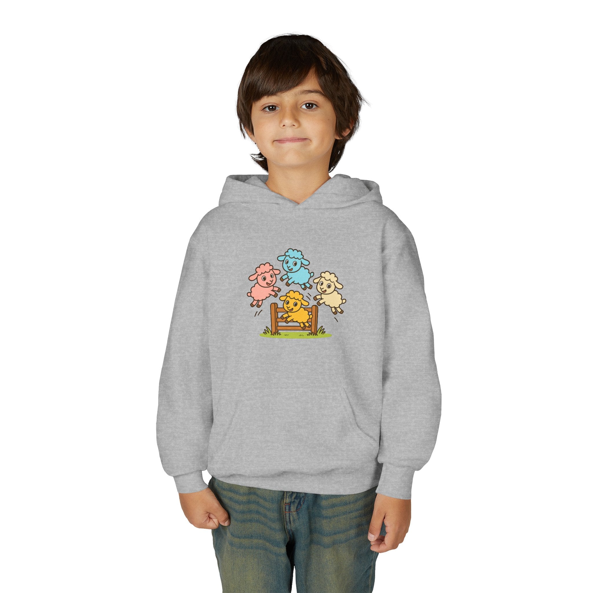 Kids Sheep Hoodie — Colorful Jumping Lambs Graphic Youth Hooded Sweatshirt