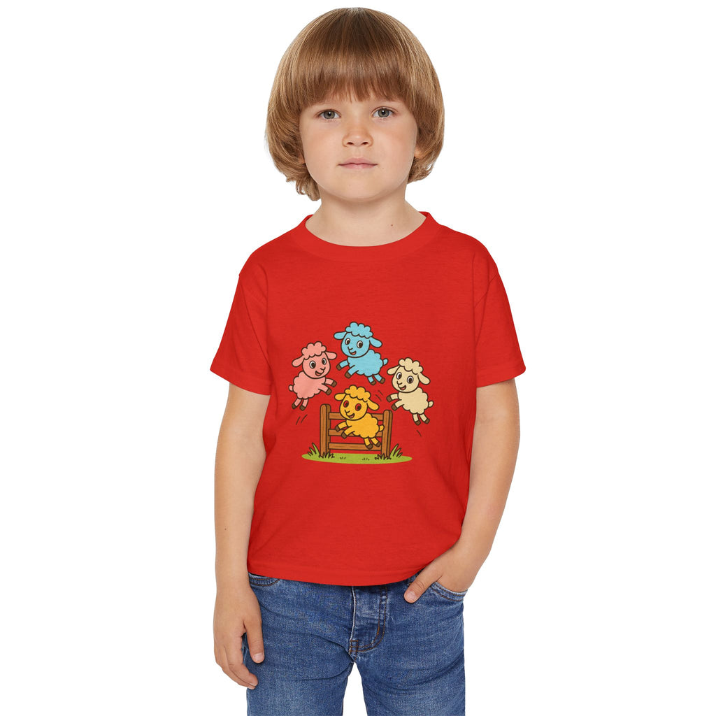 Toddler T-Shirt — Colorful Jumping Sheep Kids Tee (JC Shearing Logo on Back)