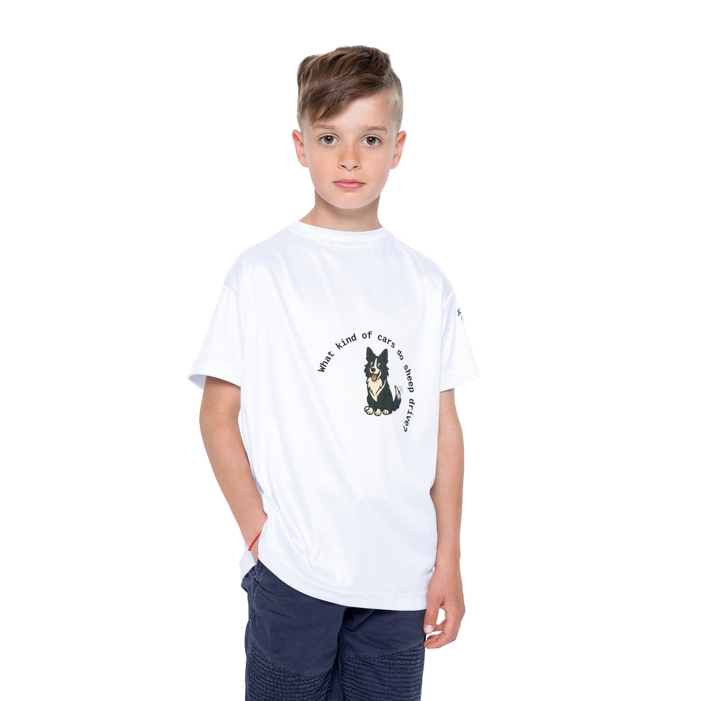 Kids Jersey — "What kind of cars do sheep drive? Lamborghinis!" Cute Sheep & Dog Sports Tee
