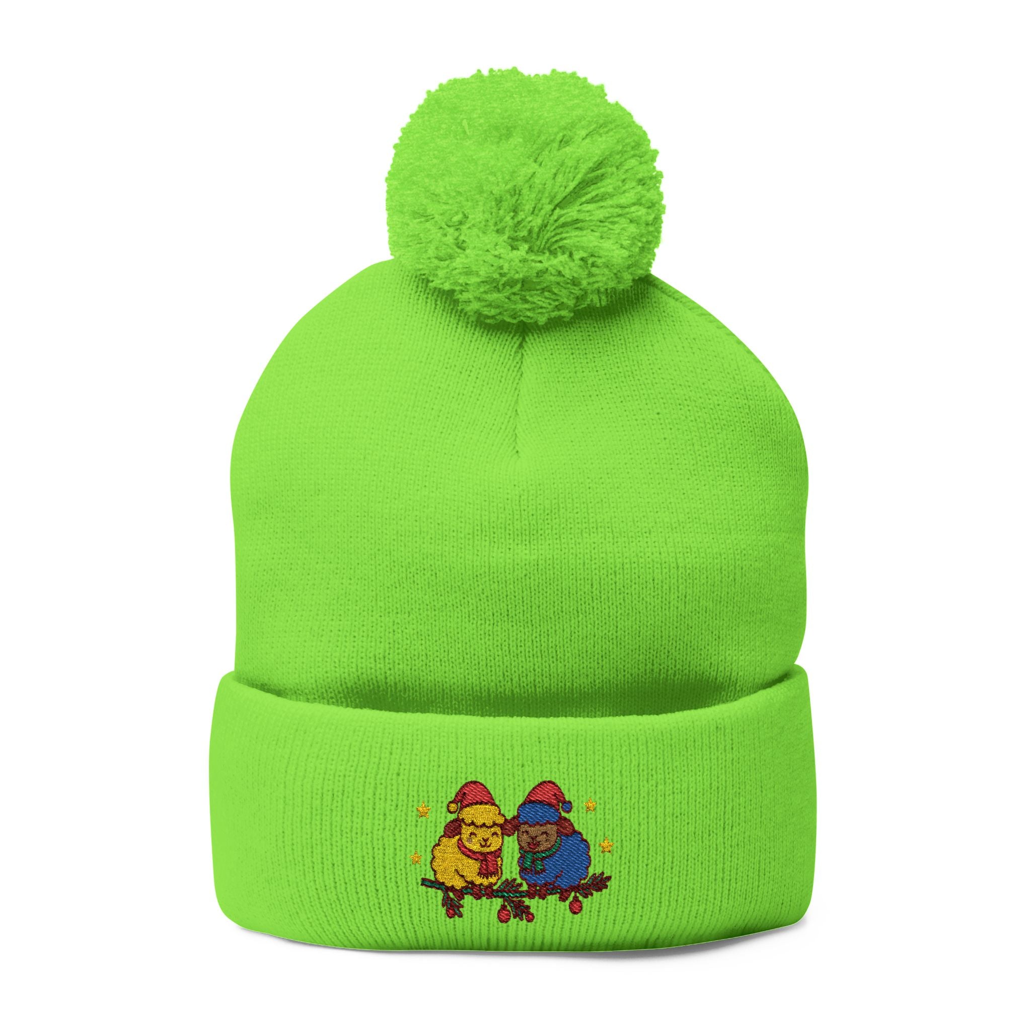 Embroidered Winter Pom-Pom Beanie — Cute Chick Couple Design