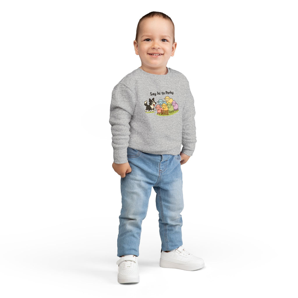 Say Hi to Perky Toddler Sweatshirt — Cute Sheep & Border Collie Kids Pullover