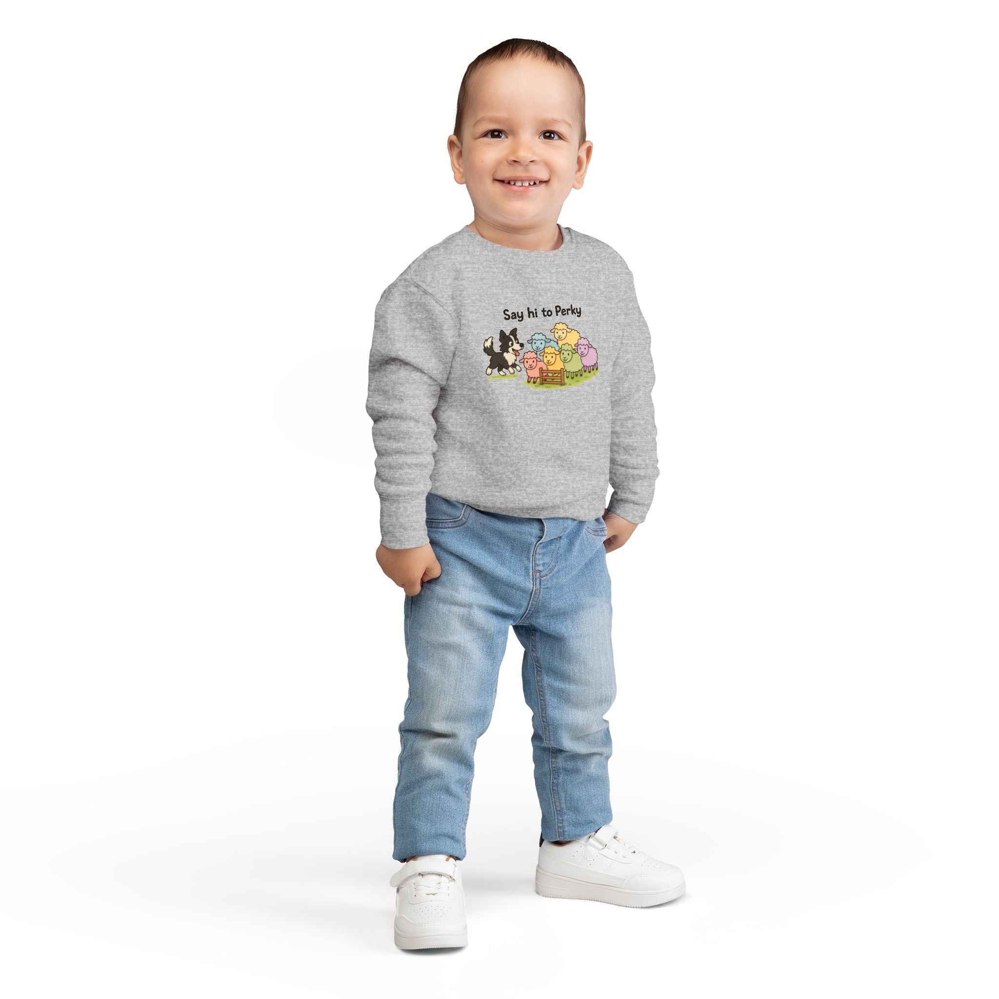 Say Hi to Perky Toddler Sweatshirt — Cute Sheep & Border Collie Kids Pullover