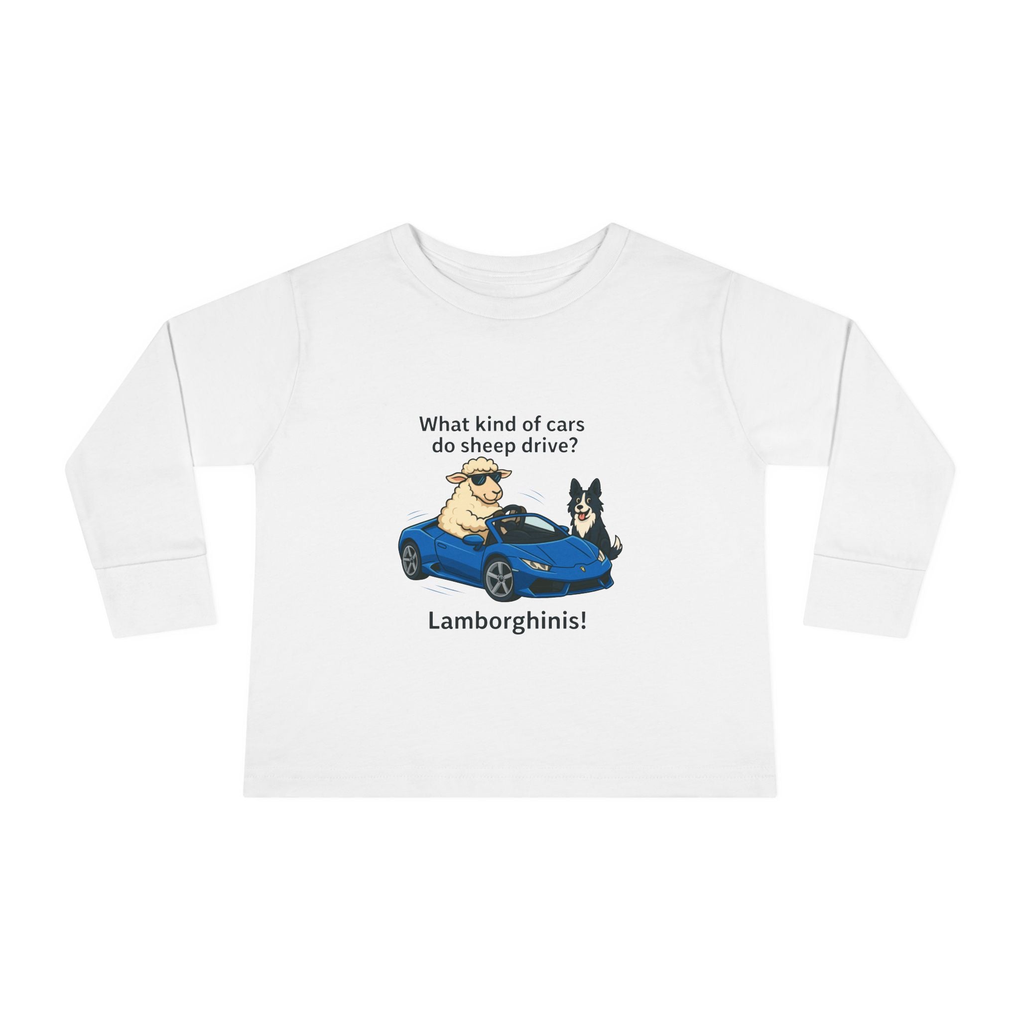 Toddler Long Sleeve Tee — 'What kind of cars do sheep drive? Lamborghams!' Cute Dog & Sheep Car Graphic