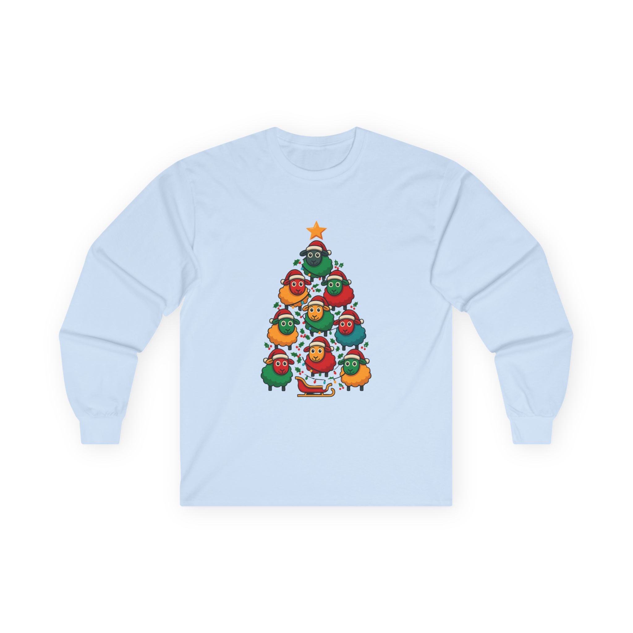 Long Sleeve Tee — Christmas Sheep Tree Graphic Holiday Shirt