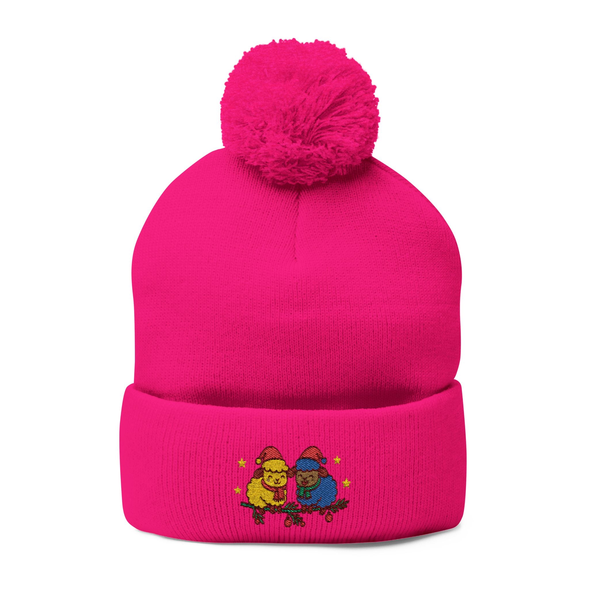 Embroidered Winter Pom-Pom Beanie — Cute Chick Couple Design