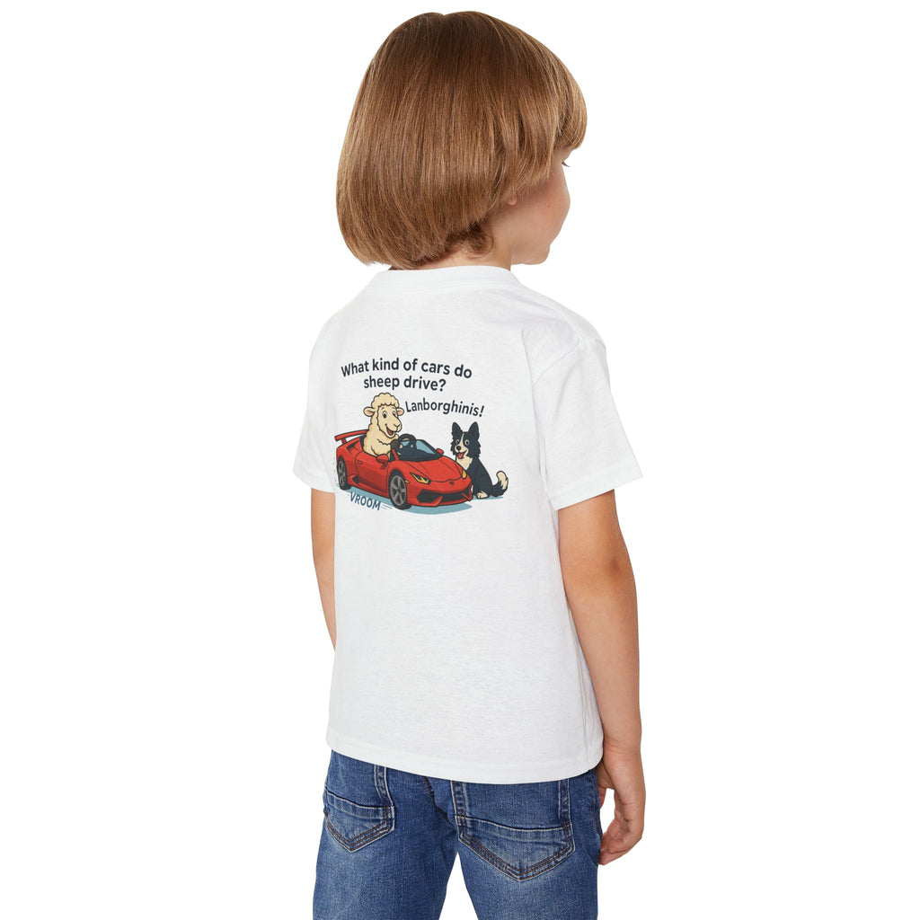 Toddler T-Shirt — Cute Sheep & Dog Cartoon with 'What kind of cars do sheep drive? Lamborghinis!' Back Print