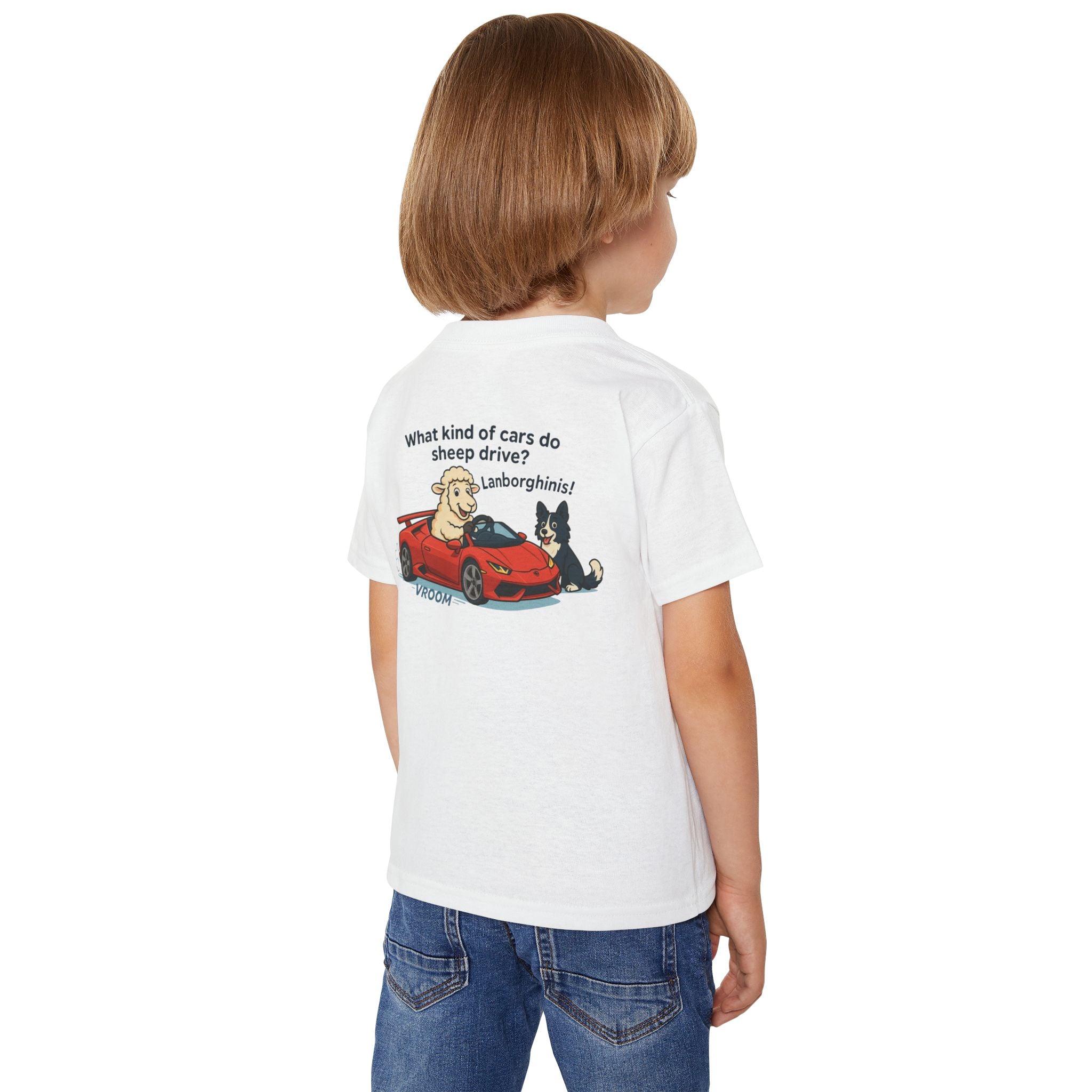 Toddler T-Shirt — Cute Sheep & Dog Cartoon with 'What kind of cars do sheep drive? Lamborghinis!' Back Print