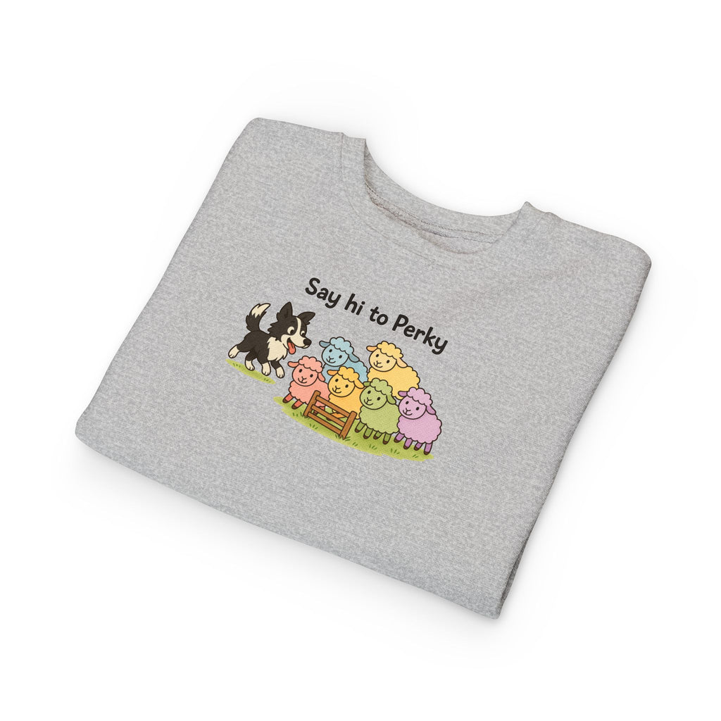 Say Hi to Perky Toddler Sweatshirt — Cute Sheep & Border Collie Kids Pullover