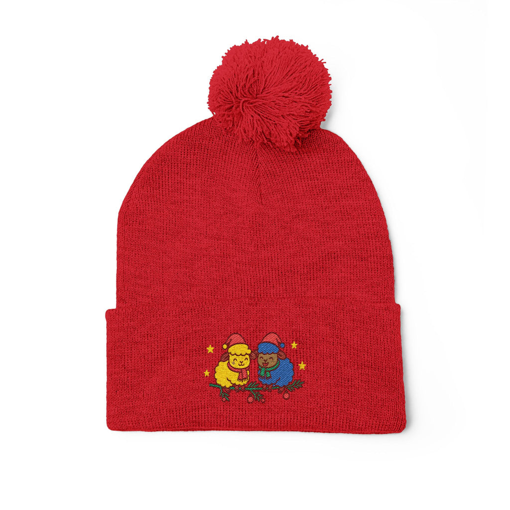 Embroidered Winter Pom-Pom Beanie — Cute Chick Couple Design