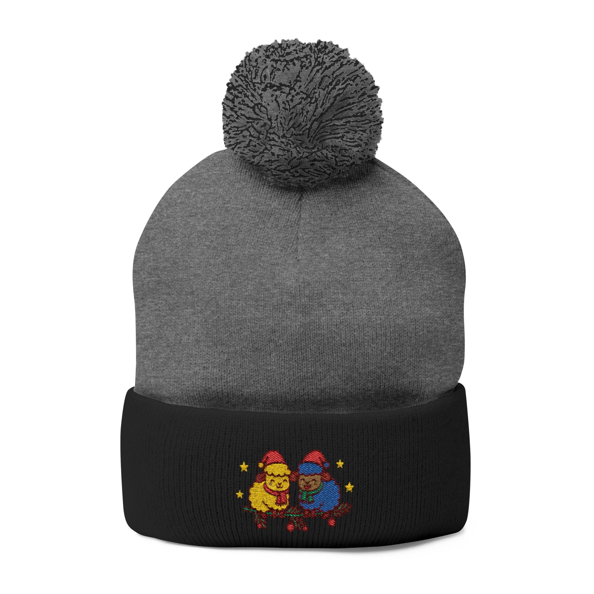 Embroidered Winter Pom-Pom Beanie — Cute Chick Couple Design