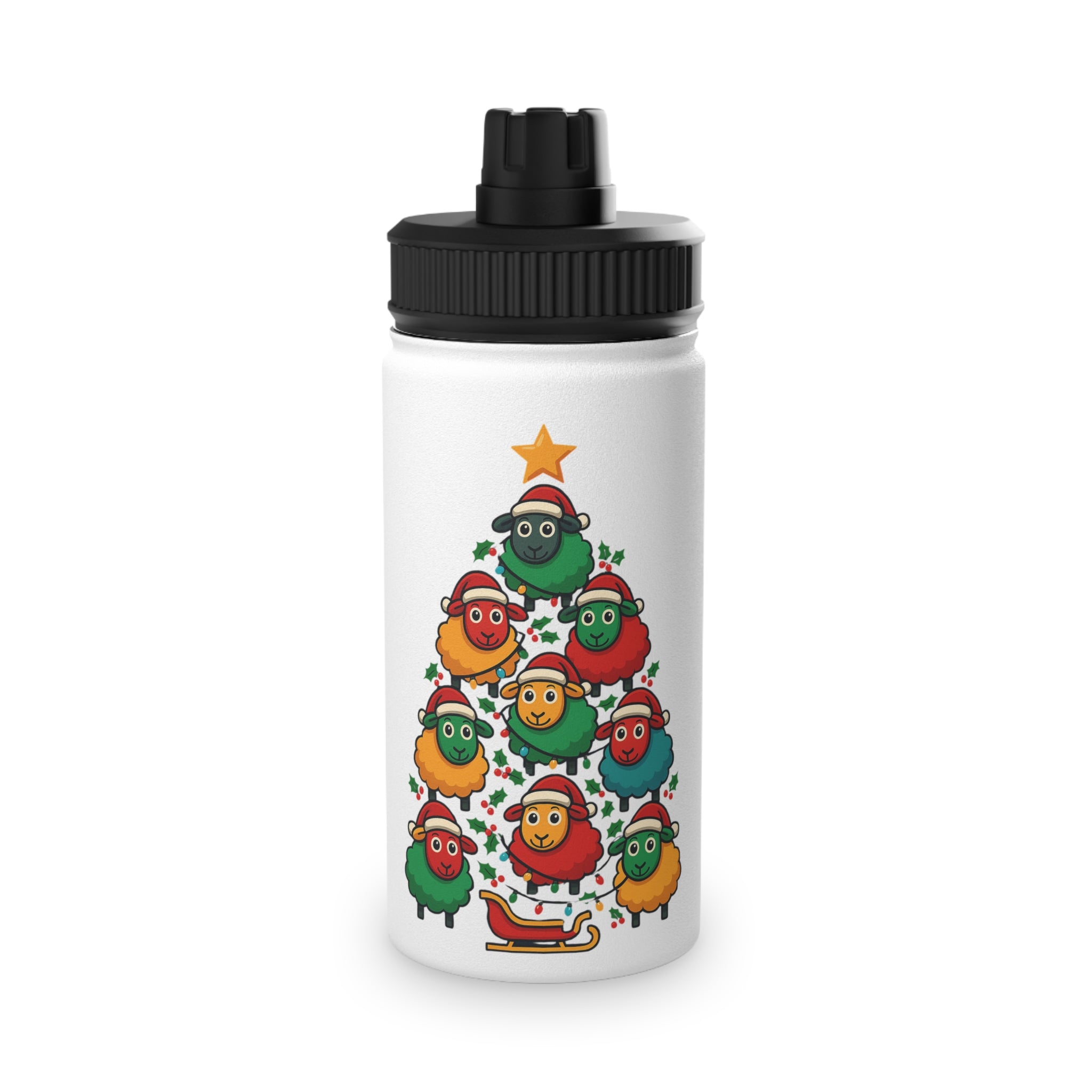 Christmas Sheep Tree Stainless Steel Water Bottle – Holiday Sports Lid Bottle