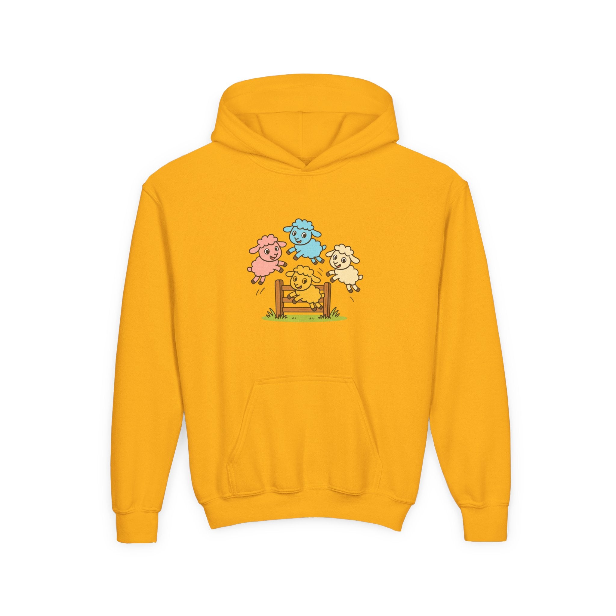 Kids Sheep Hoodie — Colorful Jumping Lambs Graphic Youth Hooded Sweatshirt