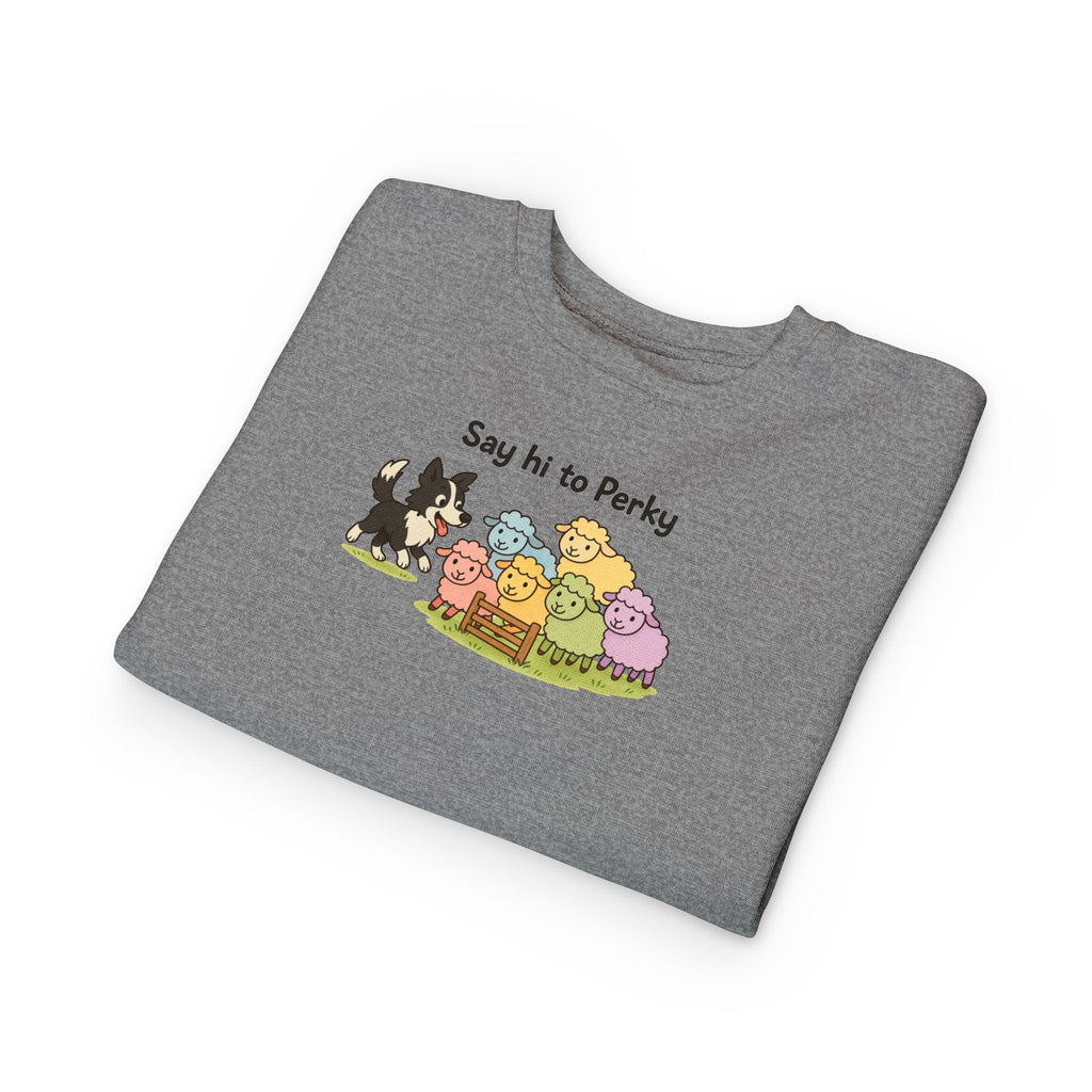 Say Hi to Perky Toddler Sweatshirt — Cute Sheep & Border Collie Kids Pullover