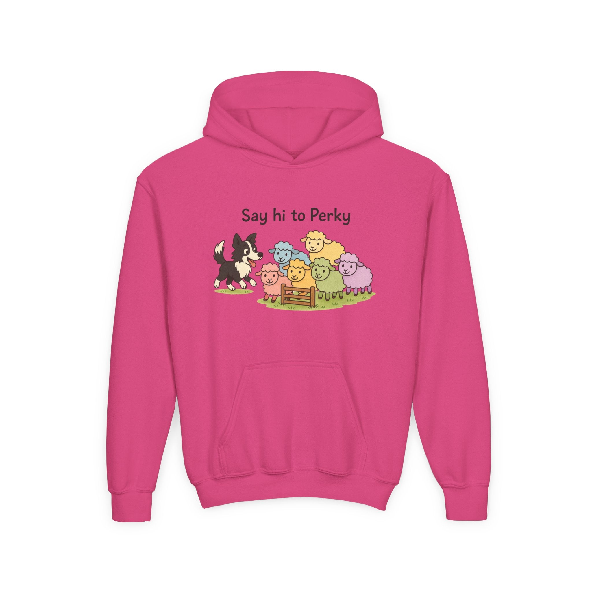 Youth Hoodie — "Say Hi to Perky" Cute Cartoon Sheep & Dog Kids Hooded Sweatshirt