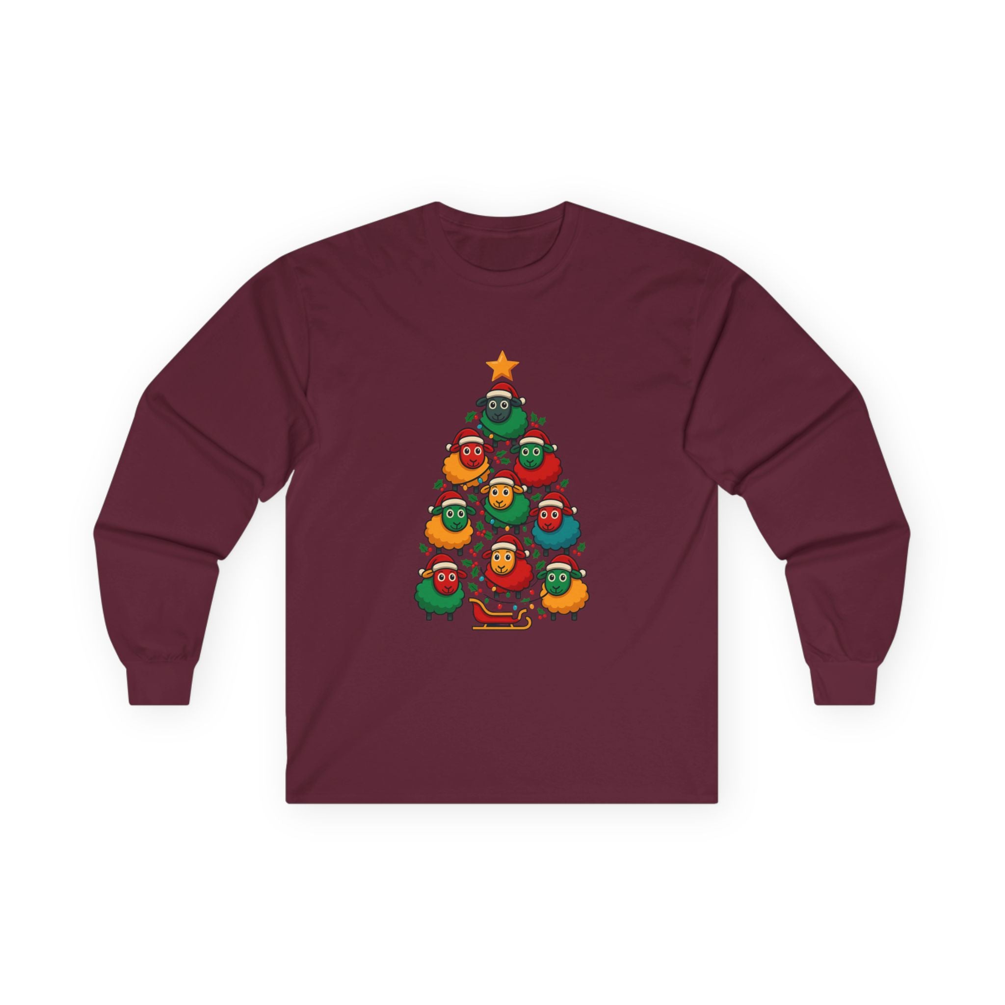 Long Sleeve Tee — Christmas Sheep Tree Graphic Holiday Shirt