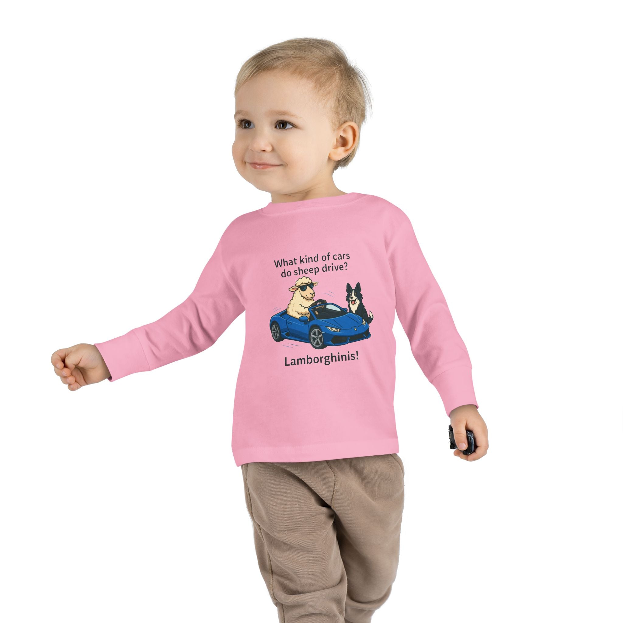 Toddler Long Sleeve Tee — 'What kind of cars do sheep drive? Lamborghams!' Cute Dog & Sheep Car Graphic