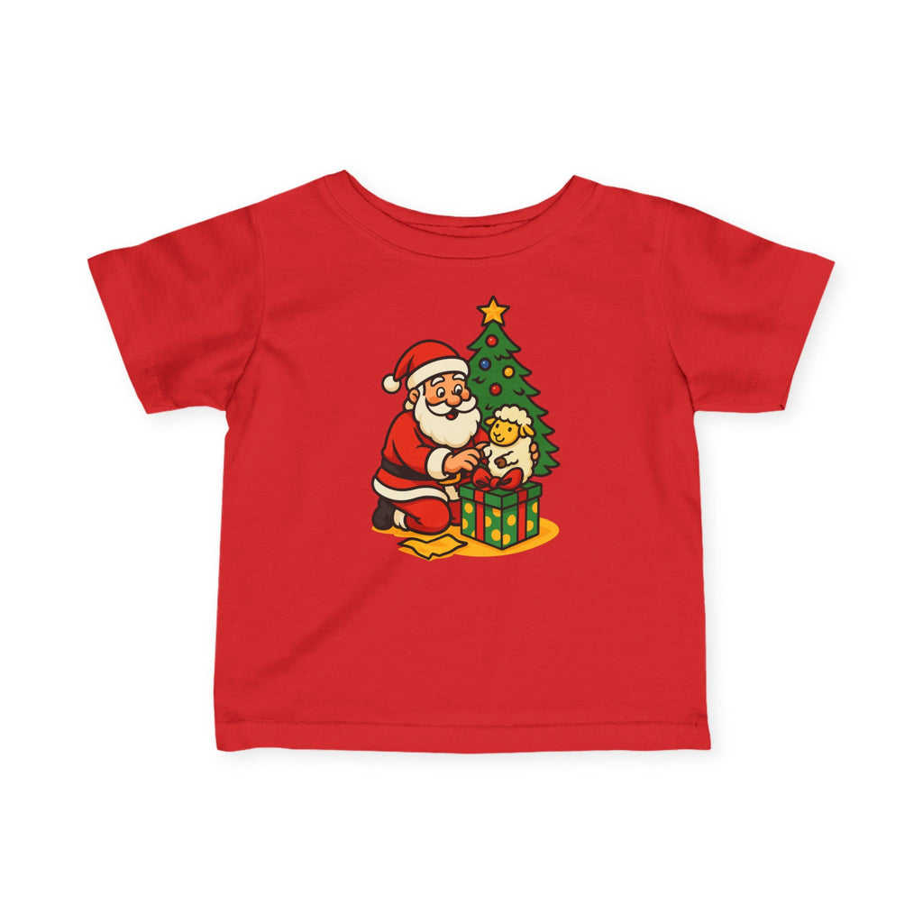Infant Tee — Cute Santa with Puppy by Christmas Tree Holiday Baby Shirt