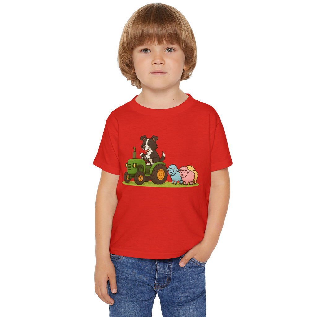 Toddler T-Shirt — Cartoon Farm Tractor with Border Collie & Sheep Friends