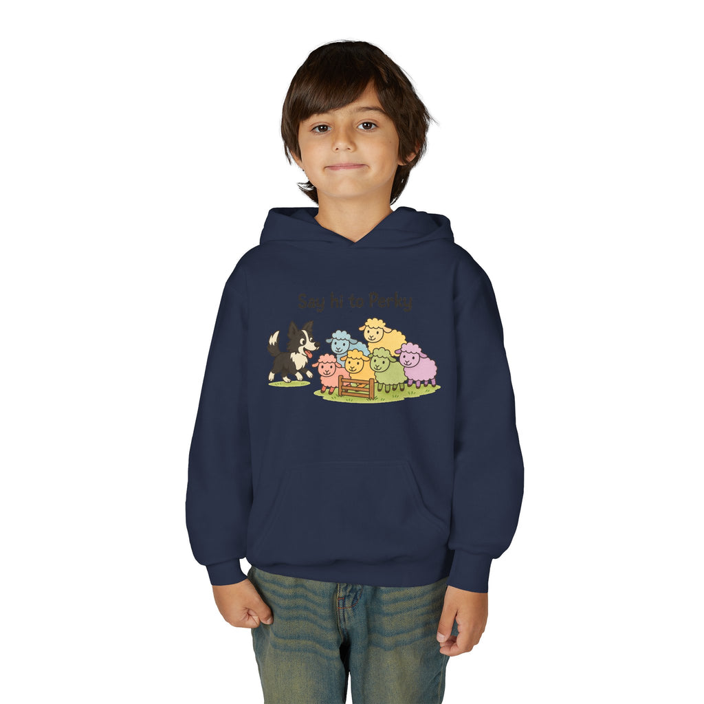 Youth Hoodie — "Say Hi to Perky" Cute Cartoon Sheep & Dog Kids Hooded Sweatshirt