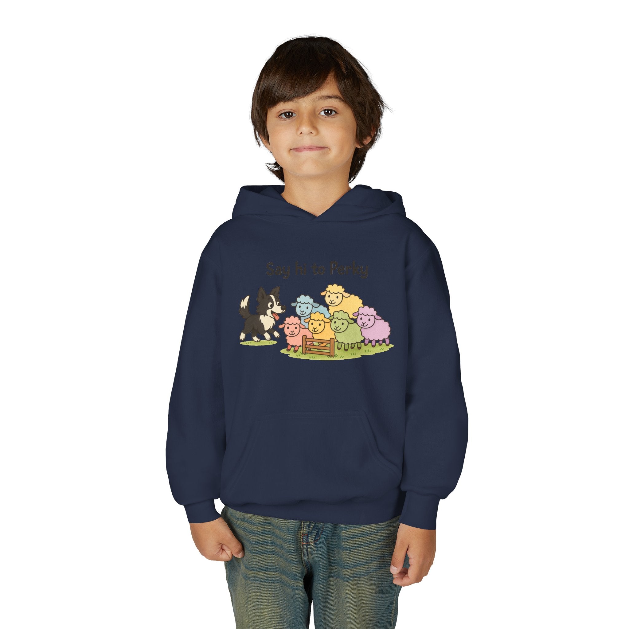 Youth Hoodie — "Say Hi to Perky" Cute Cartoon Sheep & Dog Kids Hooded Sweatshirt