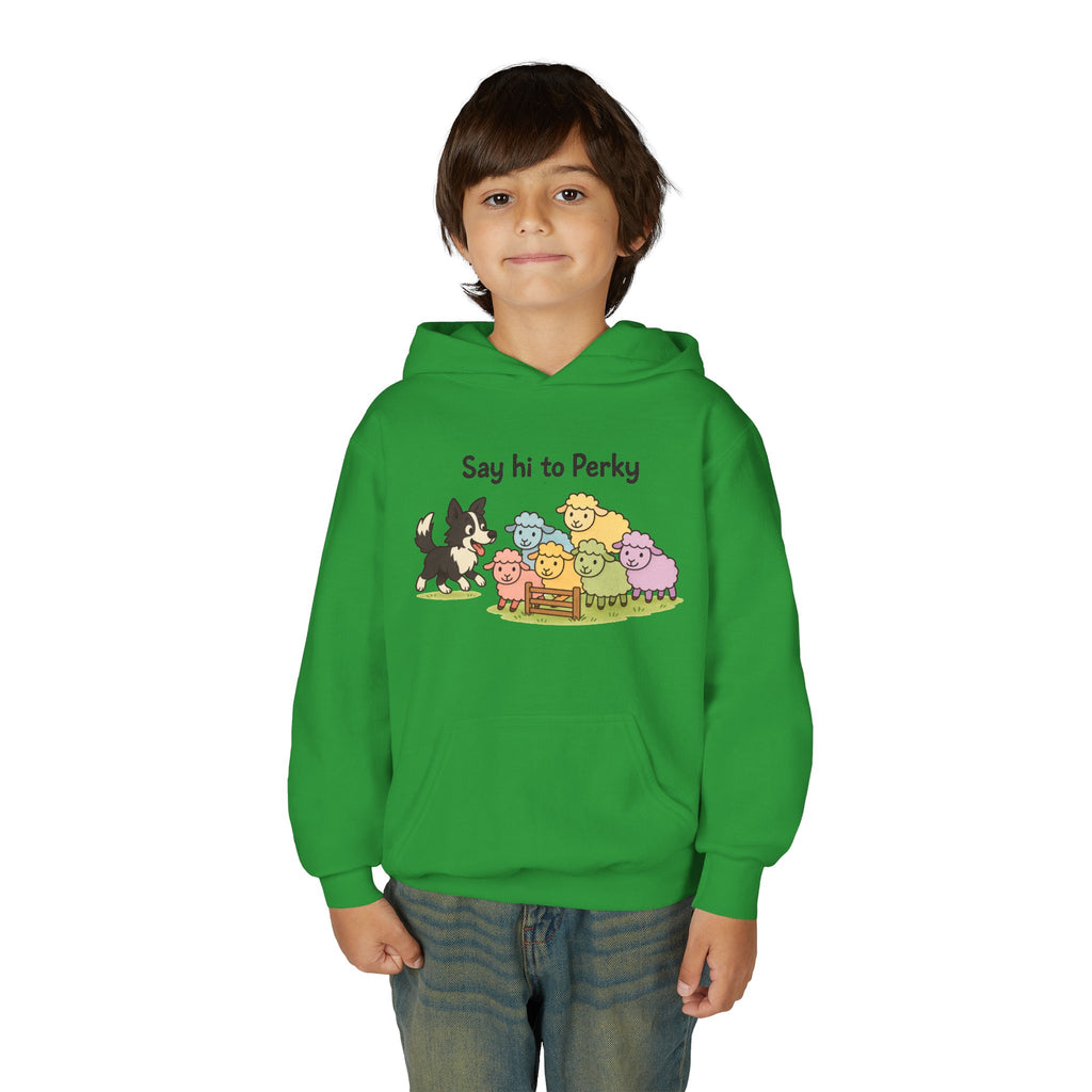 Youth Hoodie — "Say Hi to Perky" Cute Cartoon Sheep & Dog Kids Hooded Sweatshirt