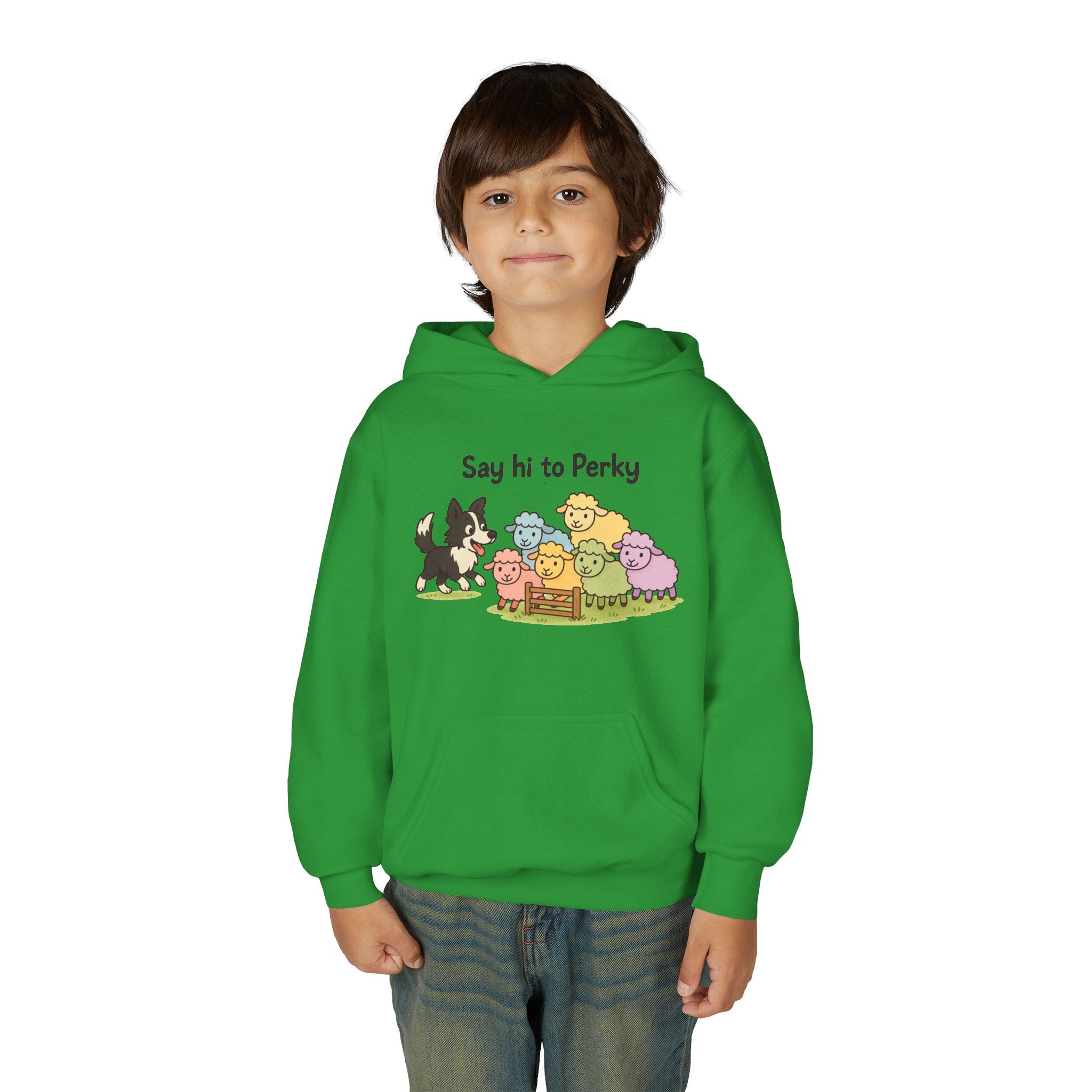 Youth Hoodie — "Say Hi to Perky" Cute Cartoon Sheep & Dog Kids Hooded Sweatshirt