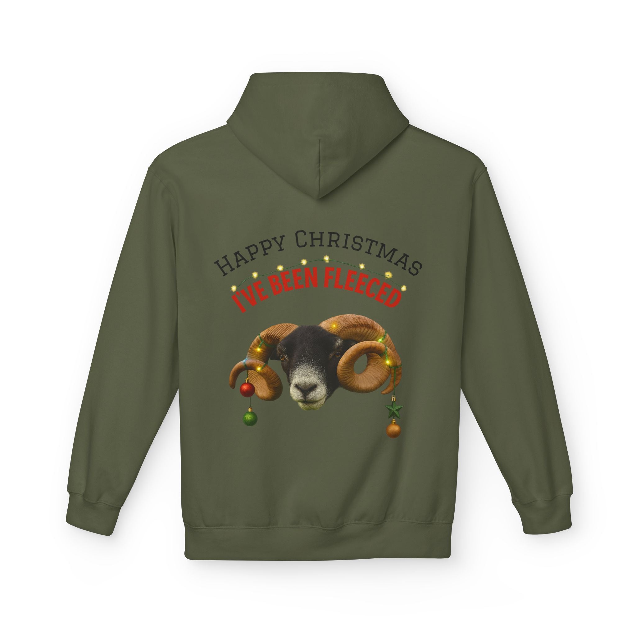 Christmas Ram Hoodie — "Happy Christmas I've Been Fleeced" Holiday Sweatshirt