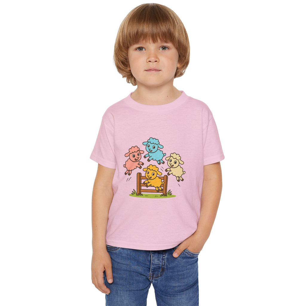 Toddler T-Shirt — Colorful Jumping Sheep Kids Tee (JC Shearing Logo on Back)