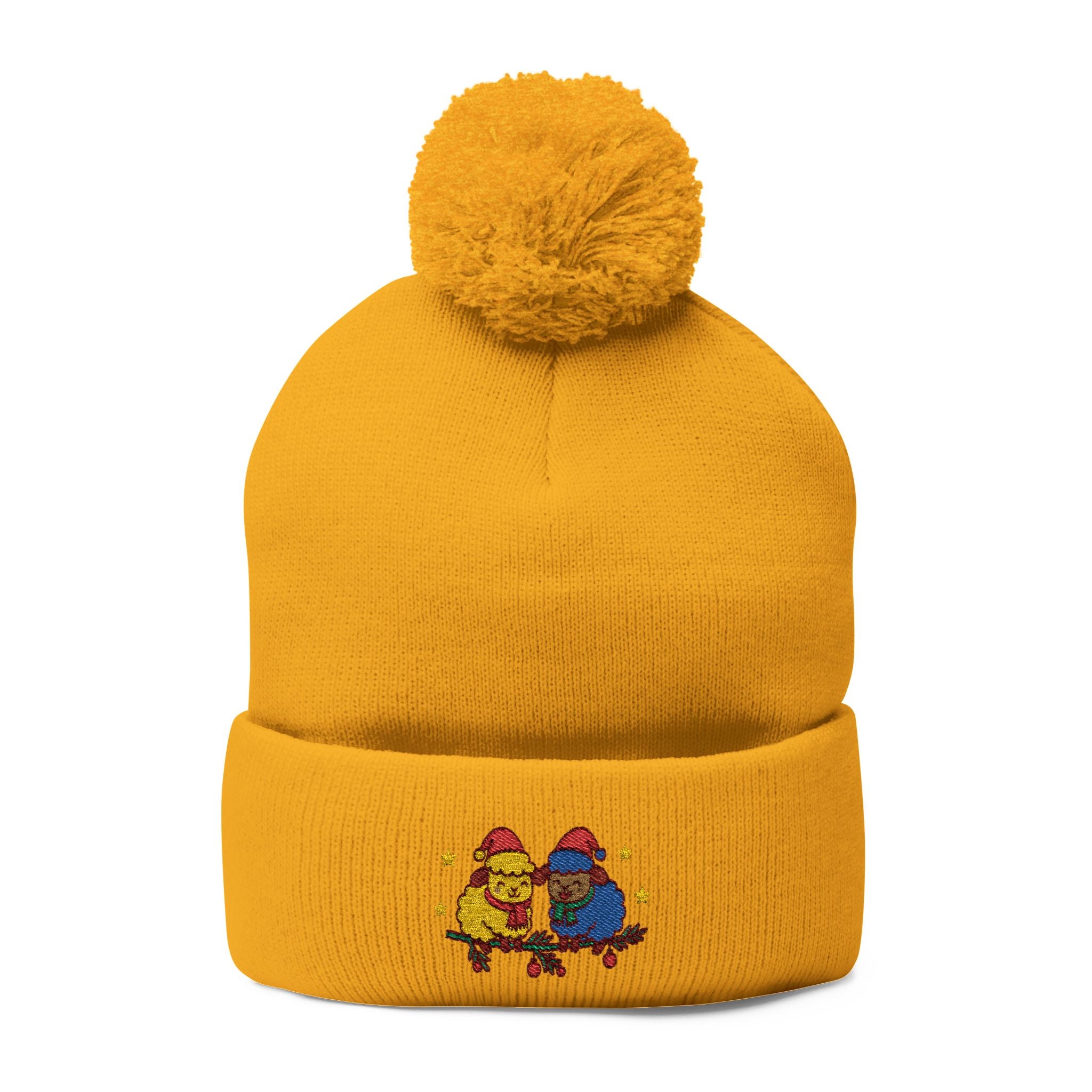 Embroidered Winter Pom-Pom Beanie — Cute Chick Couple Design