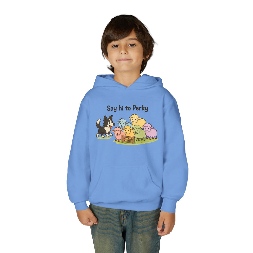 Youth Hoodie — "Say Hi to Perky" Cute Cartoon Sheep & Dog Kids Hooded Sweatshirt