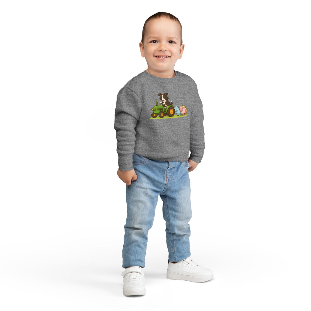 Toddler Sweatshirt — Cute Farm Tractor Crewneck with Puppy & Sheep Graphic