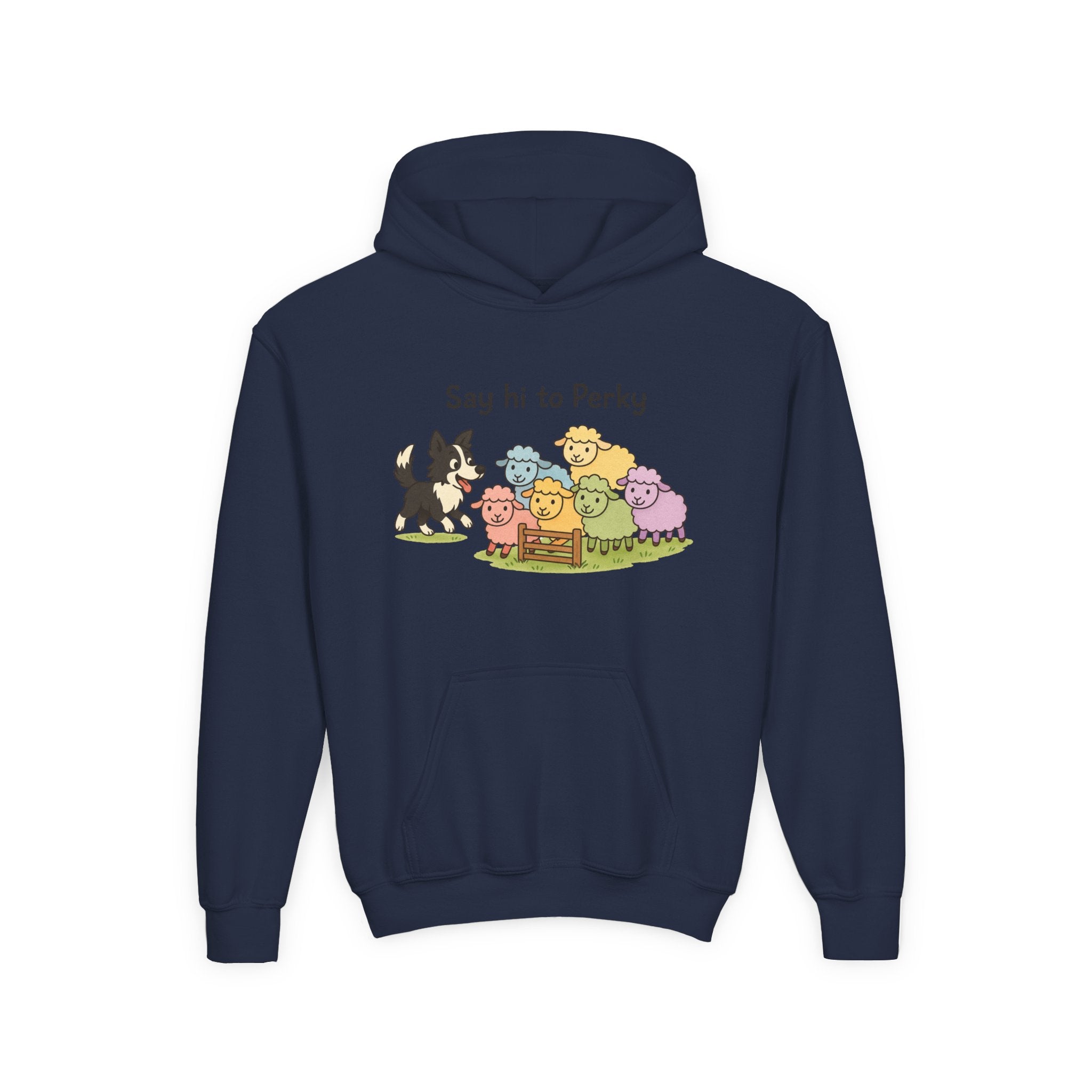 Youth Hoodie — "Say Hi to Perky" Cute Cartoon Sheep & Dog Kids Hooded Sweatshirt