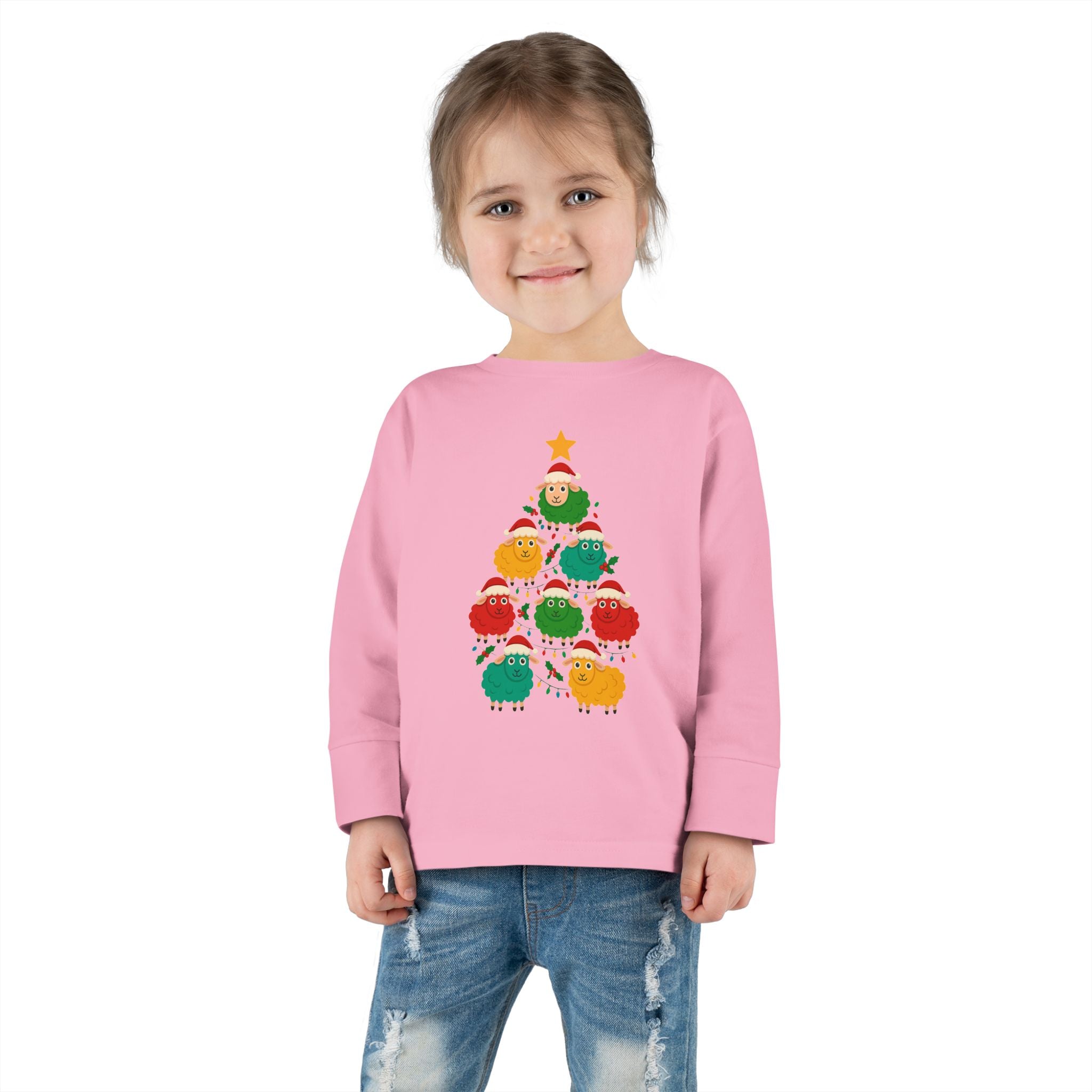 Toddler Long Sleeve Tee — Cute Sheep Christmas Tree Holiday Shirt