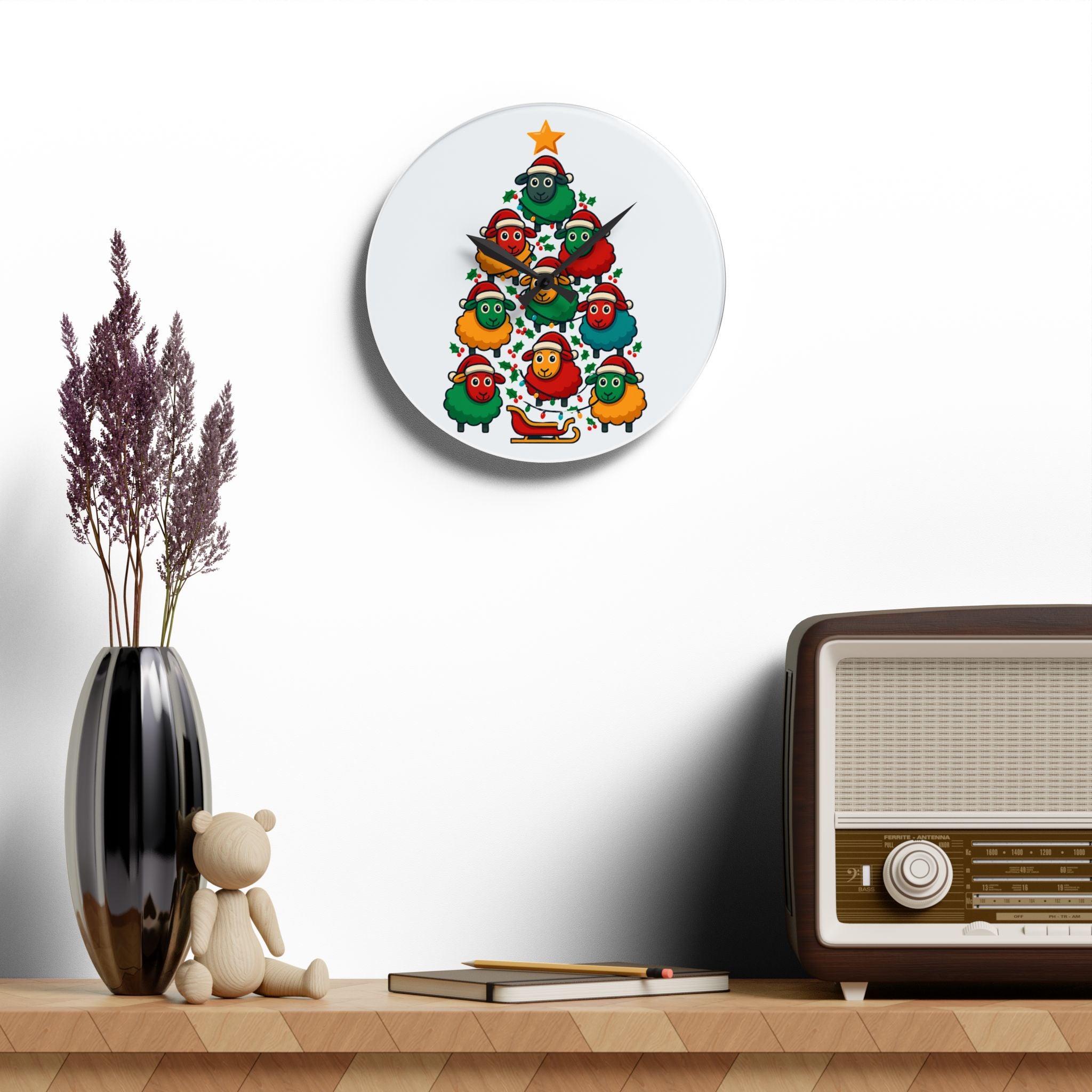 Christmas Sheep Tree Acrylic Wall Clock — Cute Holiday Farm Animal Decor