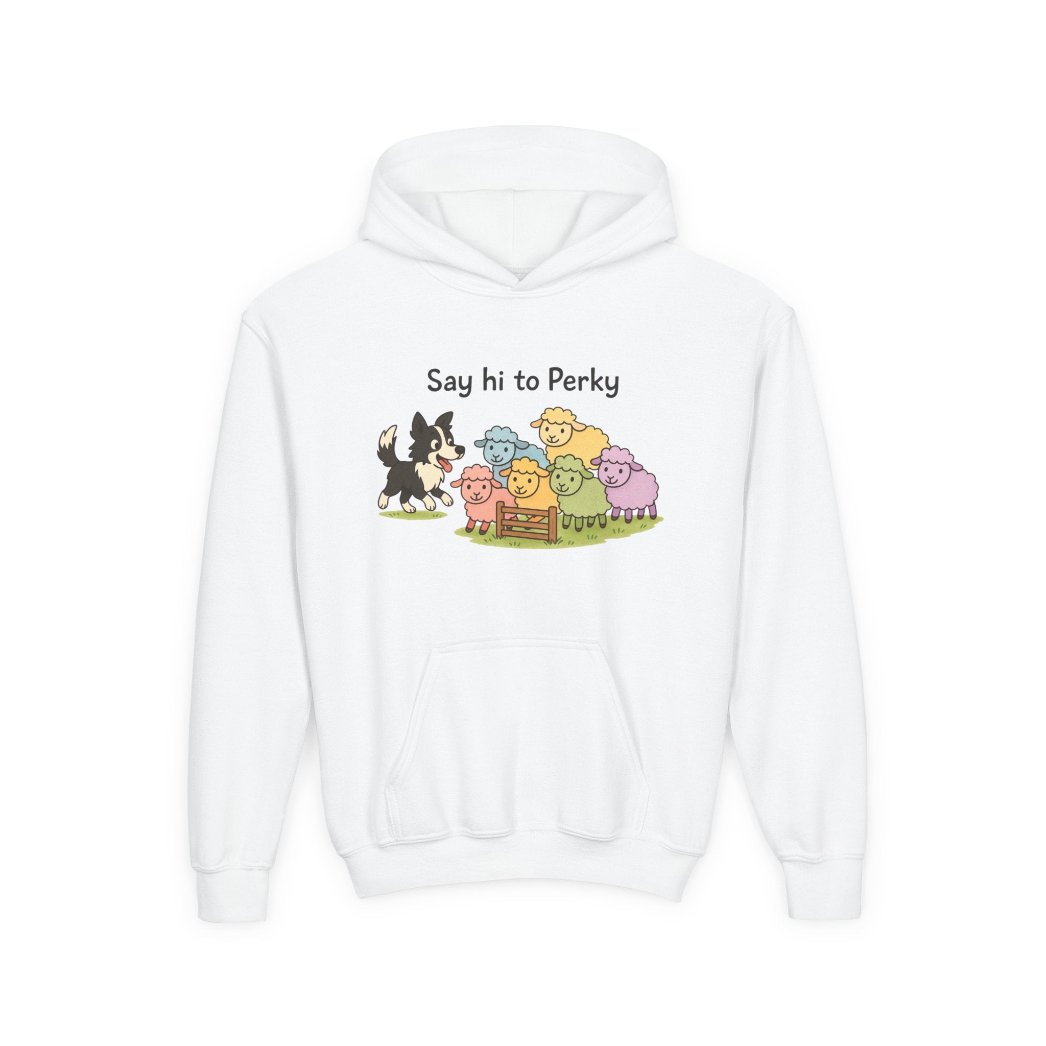 Youth Hoodie — "Say Hi to Perky" Cute Cartoon Sheep & Dog Kids Hooded Sweatshirt