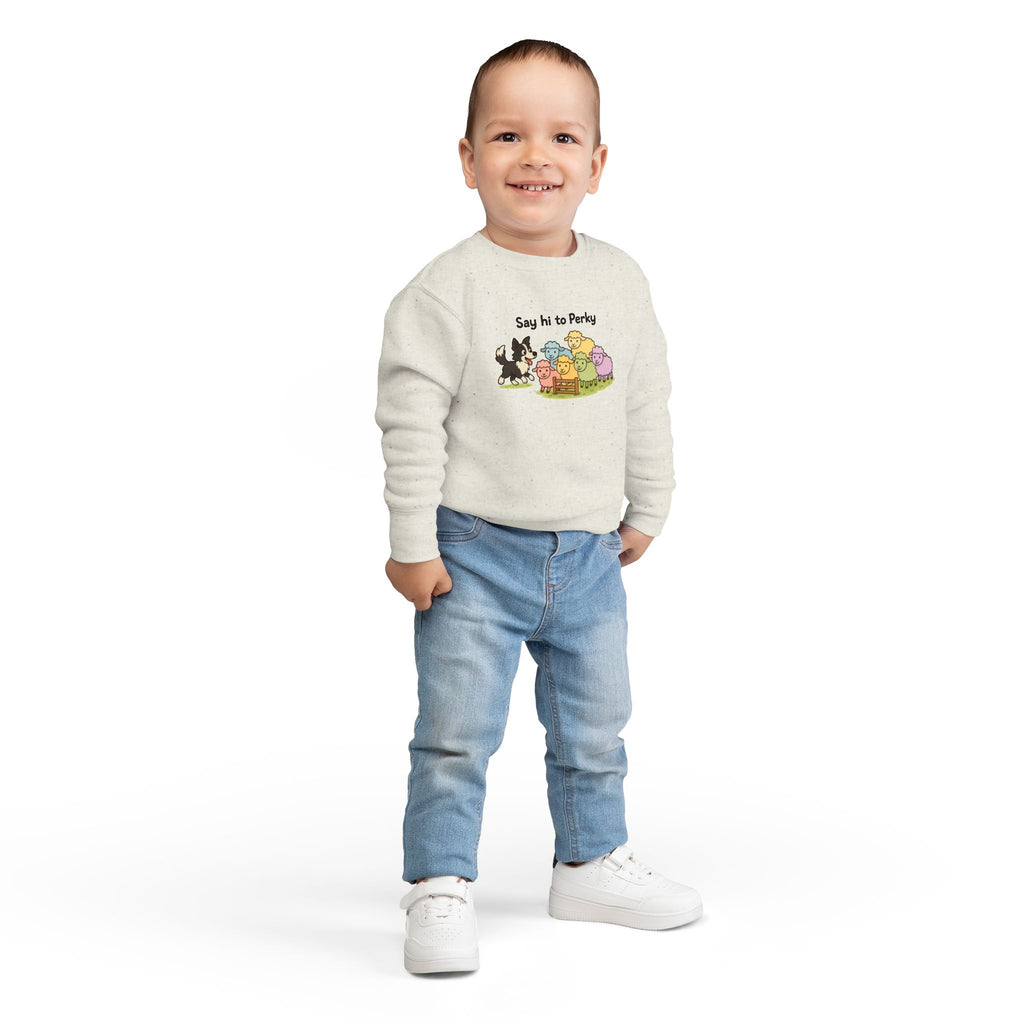 Say Hi to Perky Toddler Sweatshirt — Cute Sheep & Border Collie Kids Pullover