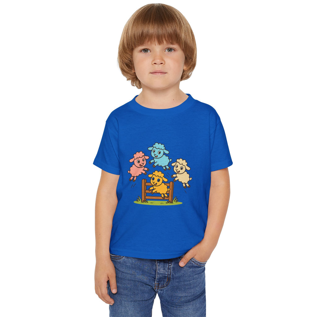 Toddler T-Shirt — Colorful Jumping Sheep Kids Tee (JC Shearing Logo on Back)