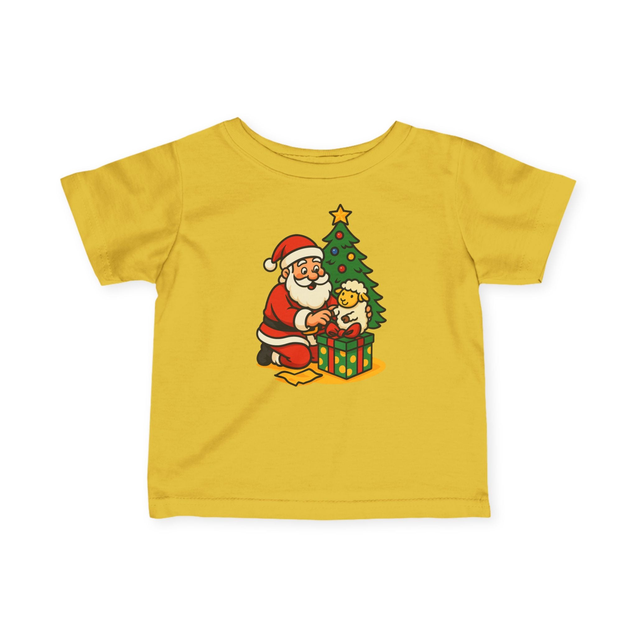 Infant Tee — Cute Santa with Puppy by Christmas Tree Holiday Baby Shirt