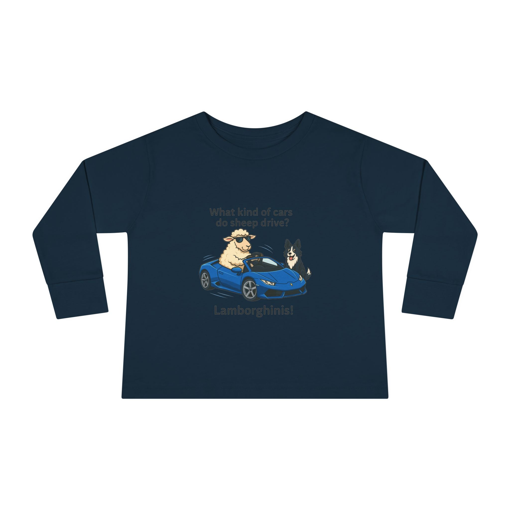 Toddler Long Sleeve Tee — 'What kind of cars do sheep drive? Lamborghams!' Cute Dog & Sheep Car Graphic