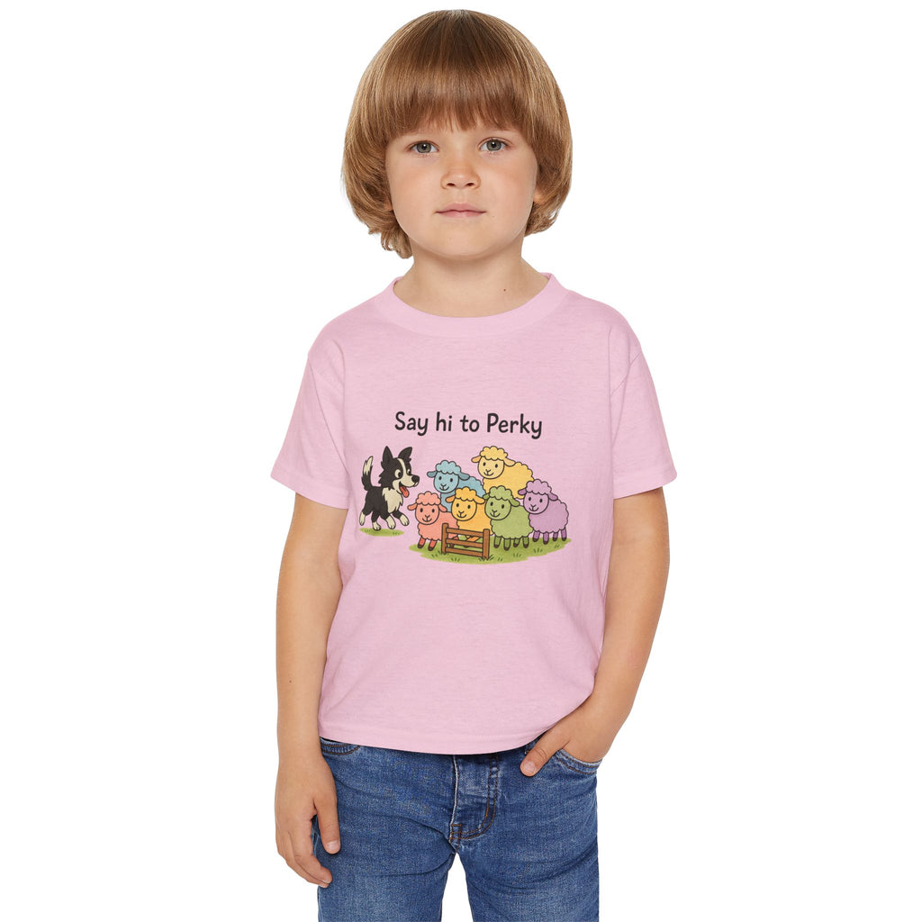 Say Hi to Perky Toddler T-Shirt — Cute Pastel Sheep & Border Collie Kids Tee