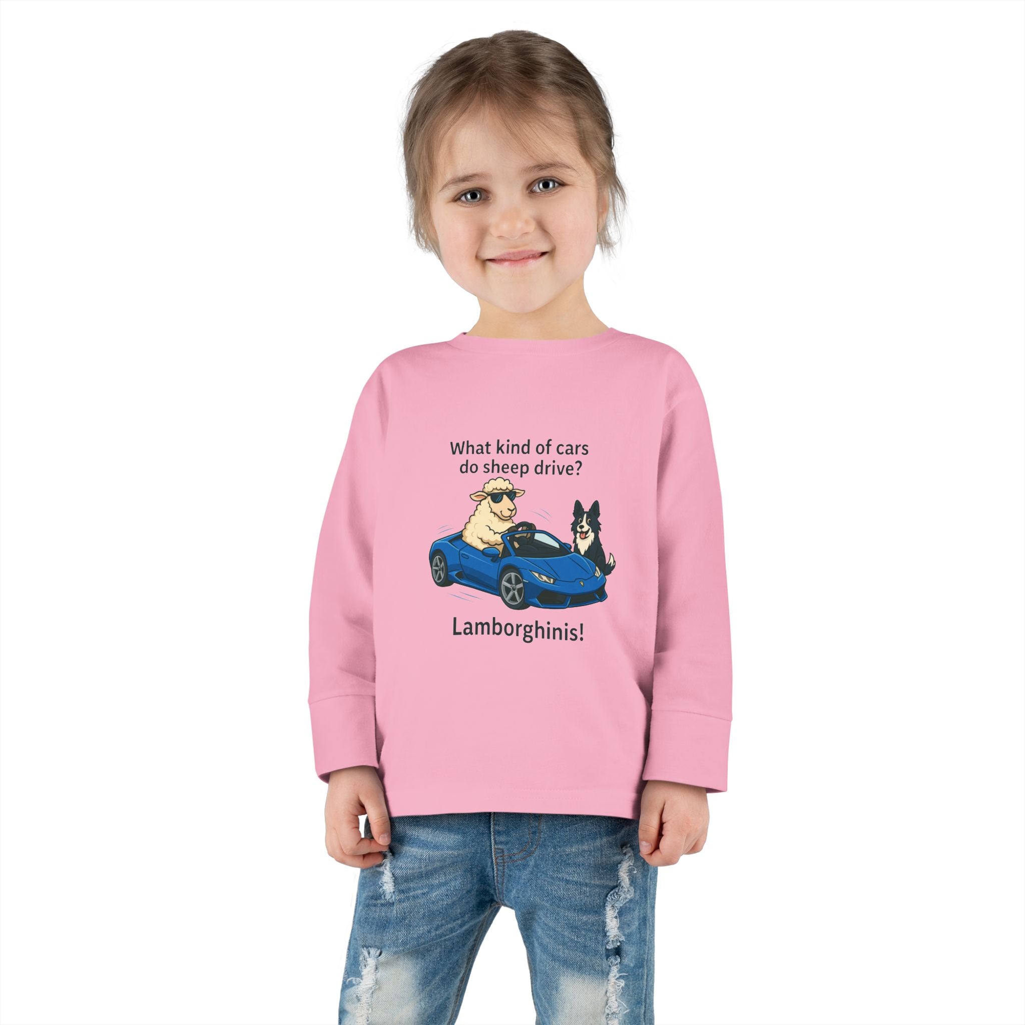 Toddler Long Sleeve Tee — 'What kind of cars do sheep drive? Lamborghams!' Cute Dog & Sheep Car Graphic